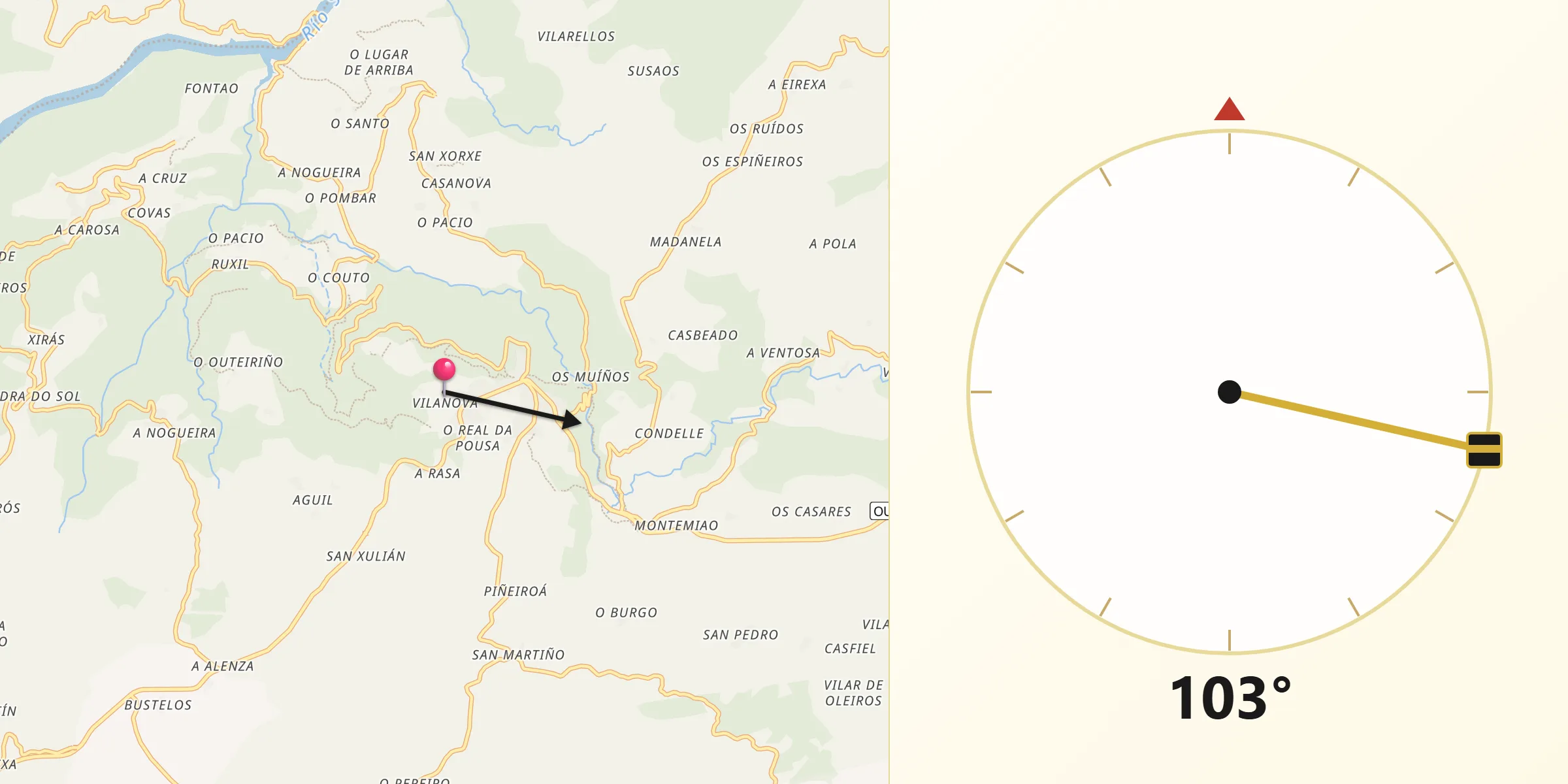 Dirección de la Qibla desde Castro Caldelas