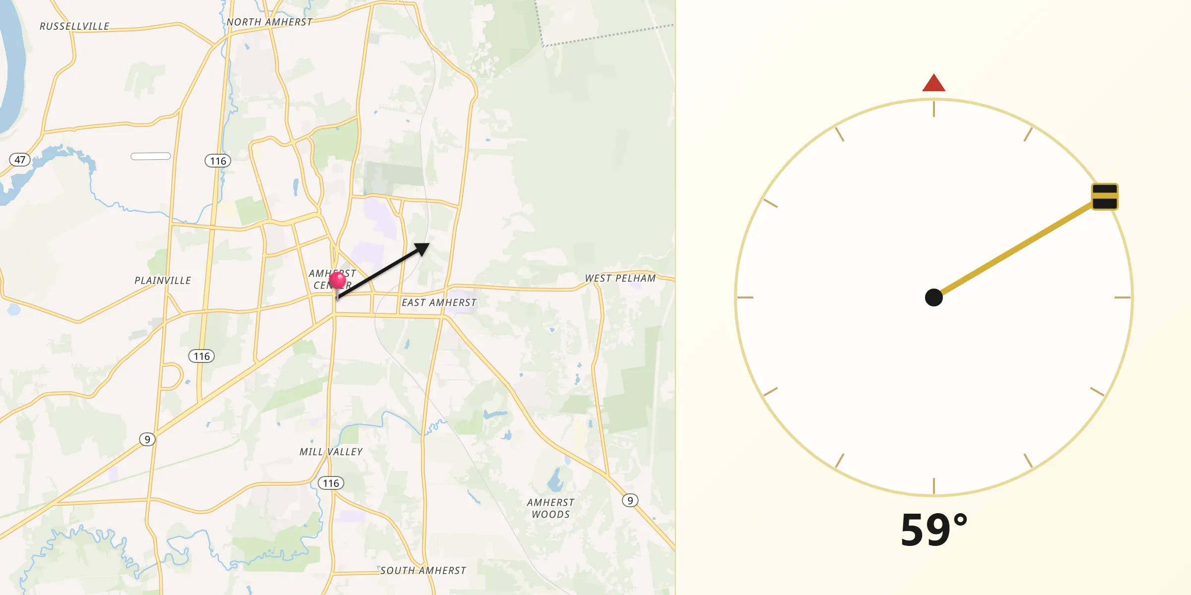 Qibla Direction from Amherst Center