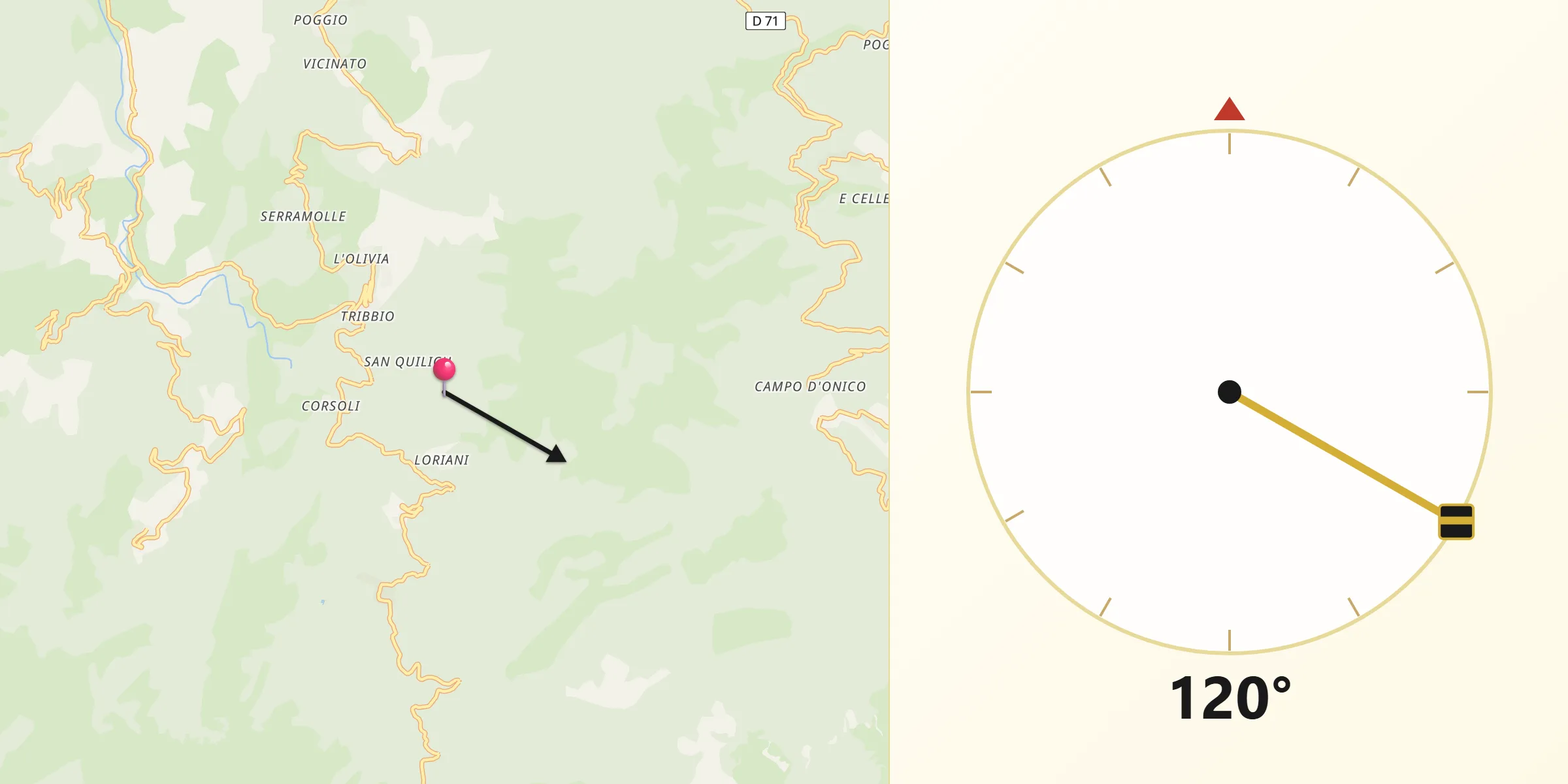 Direction vers la Qibla depuis Pie-d'Orezza