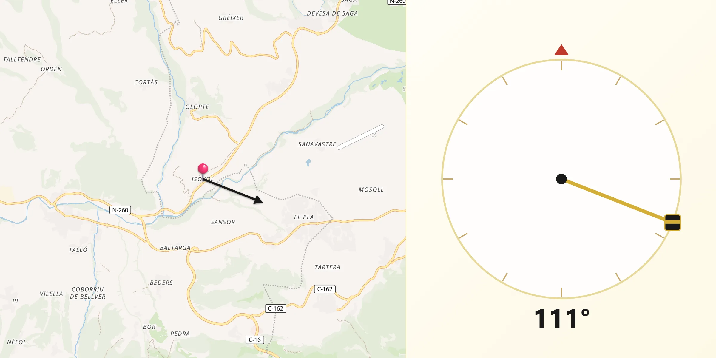 Dirección de la Qibla desde Isòvol