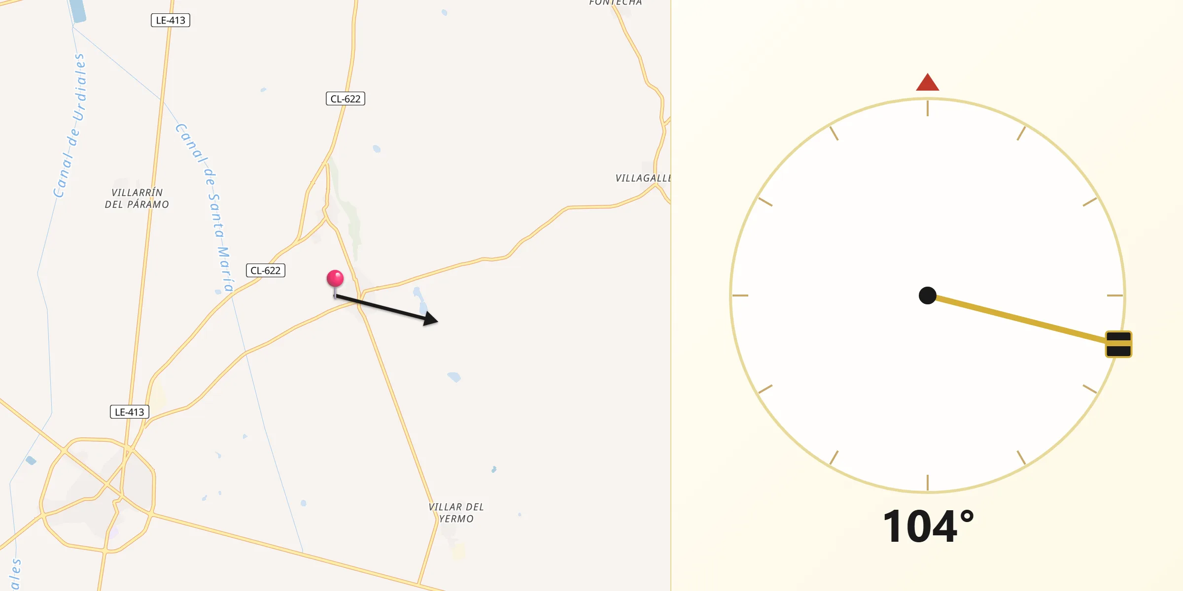 Dirección de la Qibla desde Bercianos del Páramo