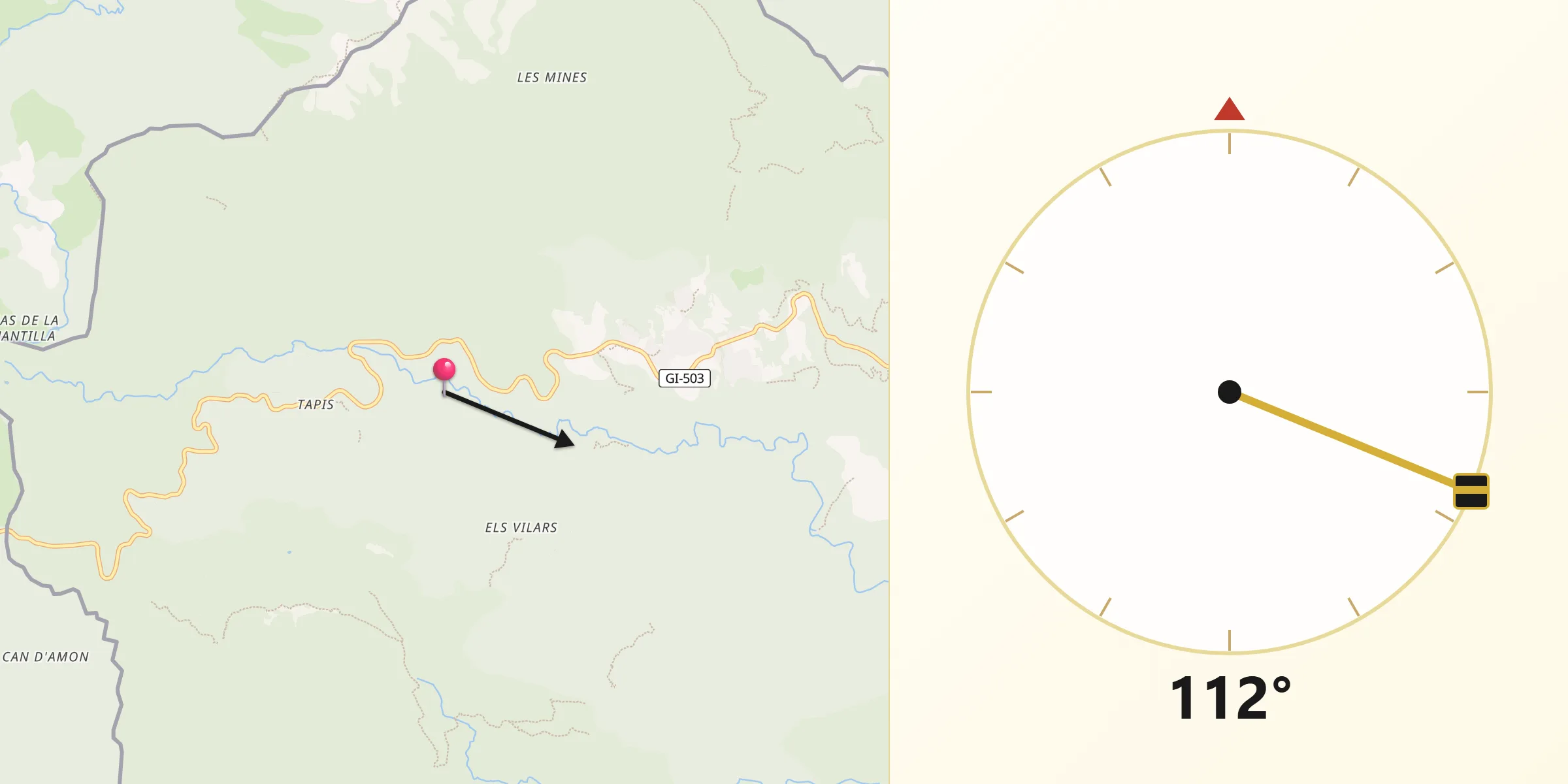 Dirección de la Qibla desde Maçanet de Cabrenys