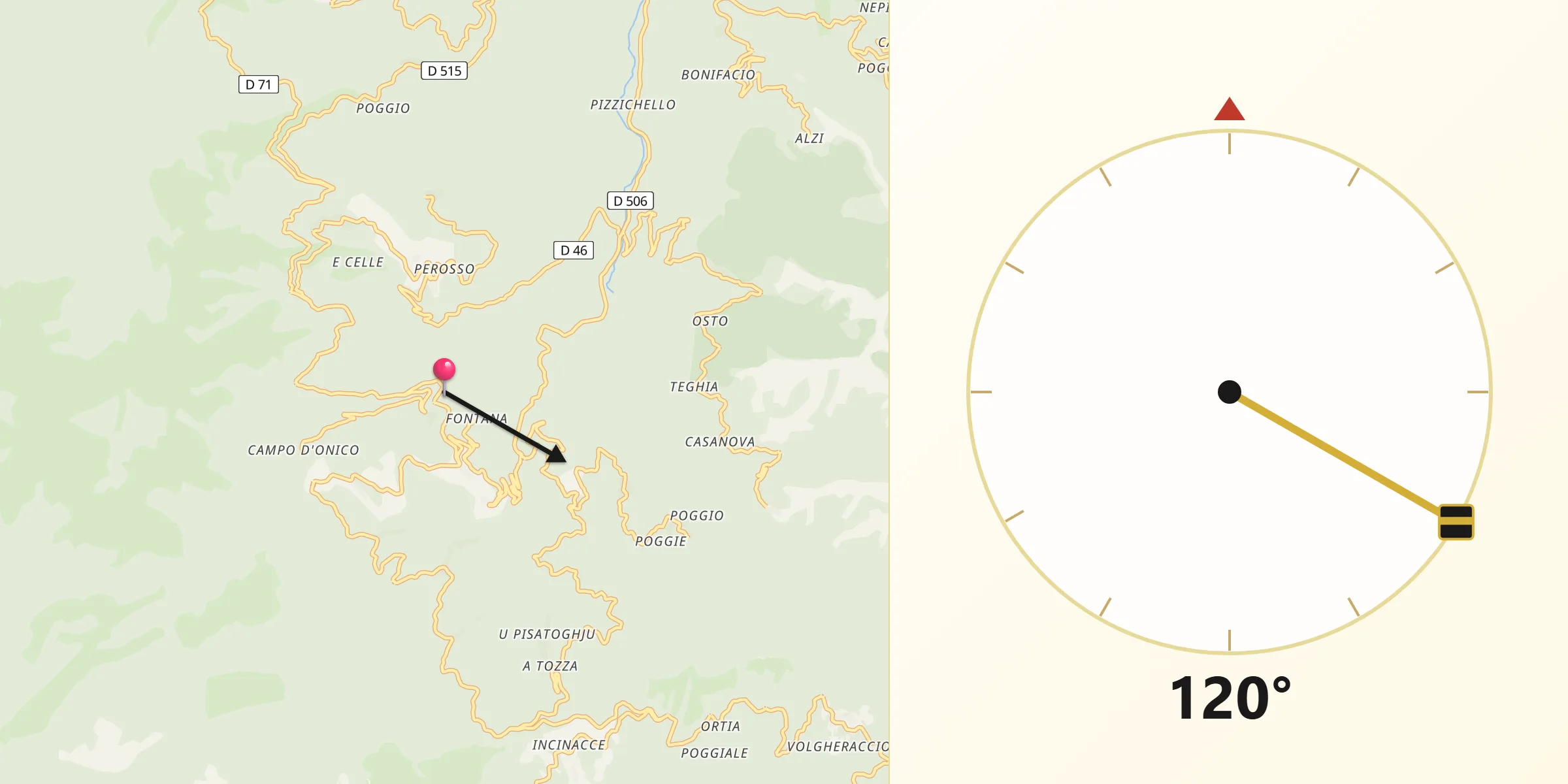 Direction vers la Qibla depuis Monacia-d'Orezza