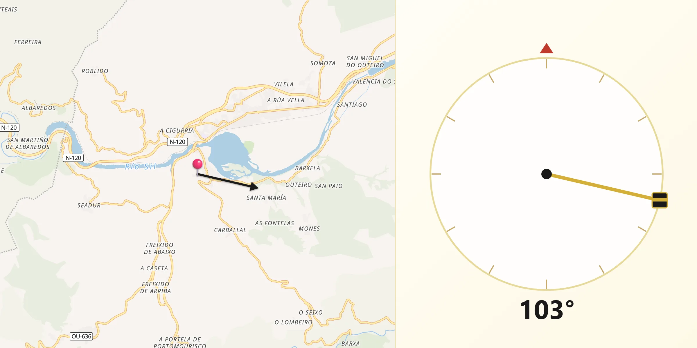 Dirección de la Qibla desde Petín