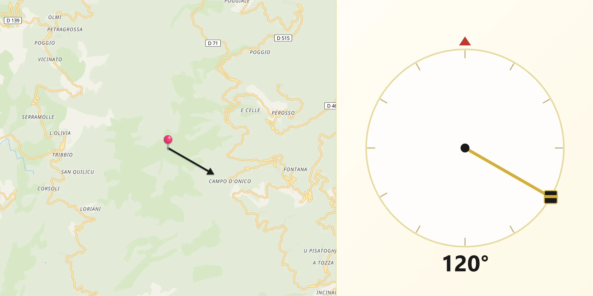 Direction vers la Qibla depuis Piedicroce