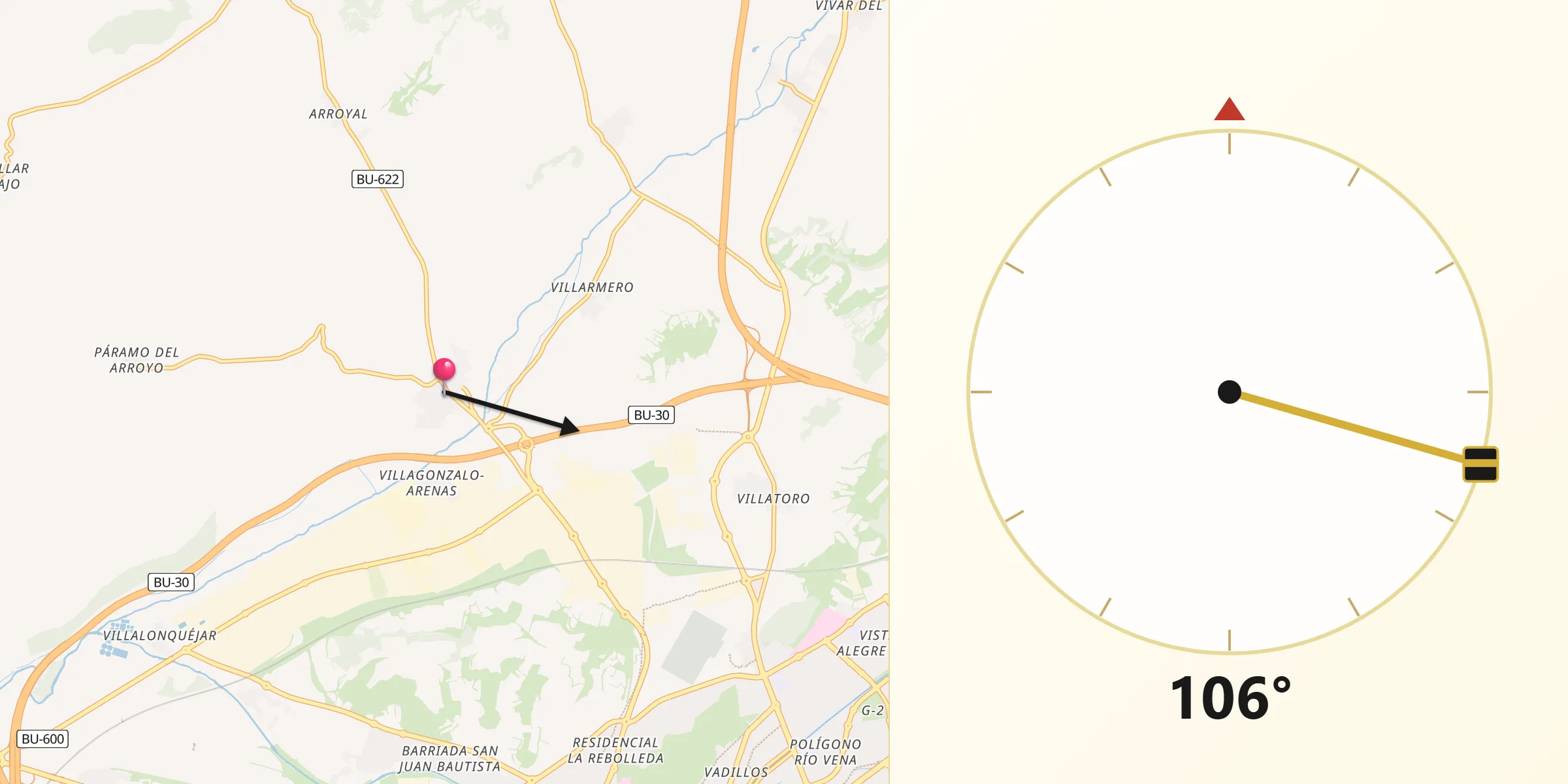 Dirección de la Qibla desde Alfoz de Quintanadueñas