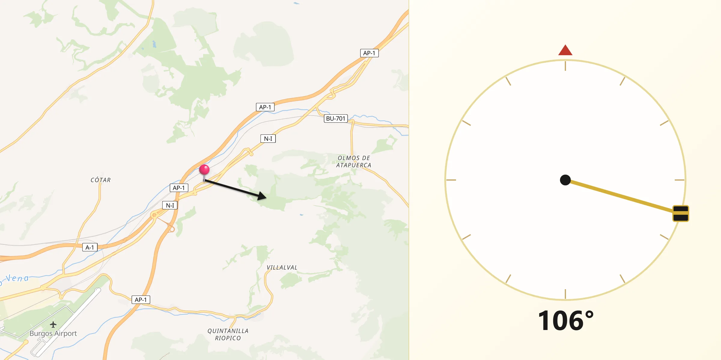 Dirección de la Qibla desde Rubena
