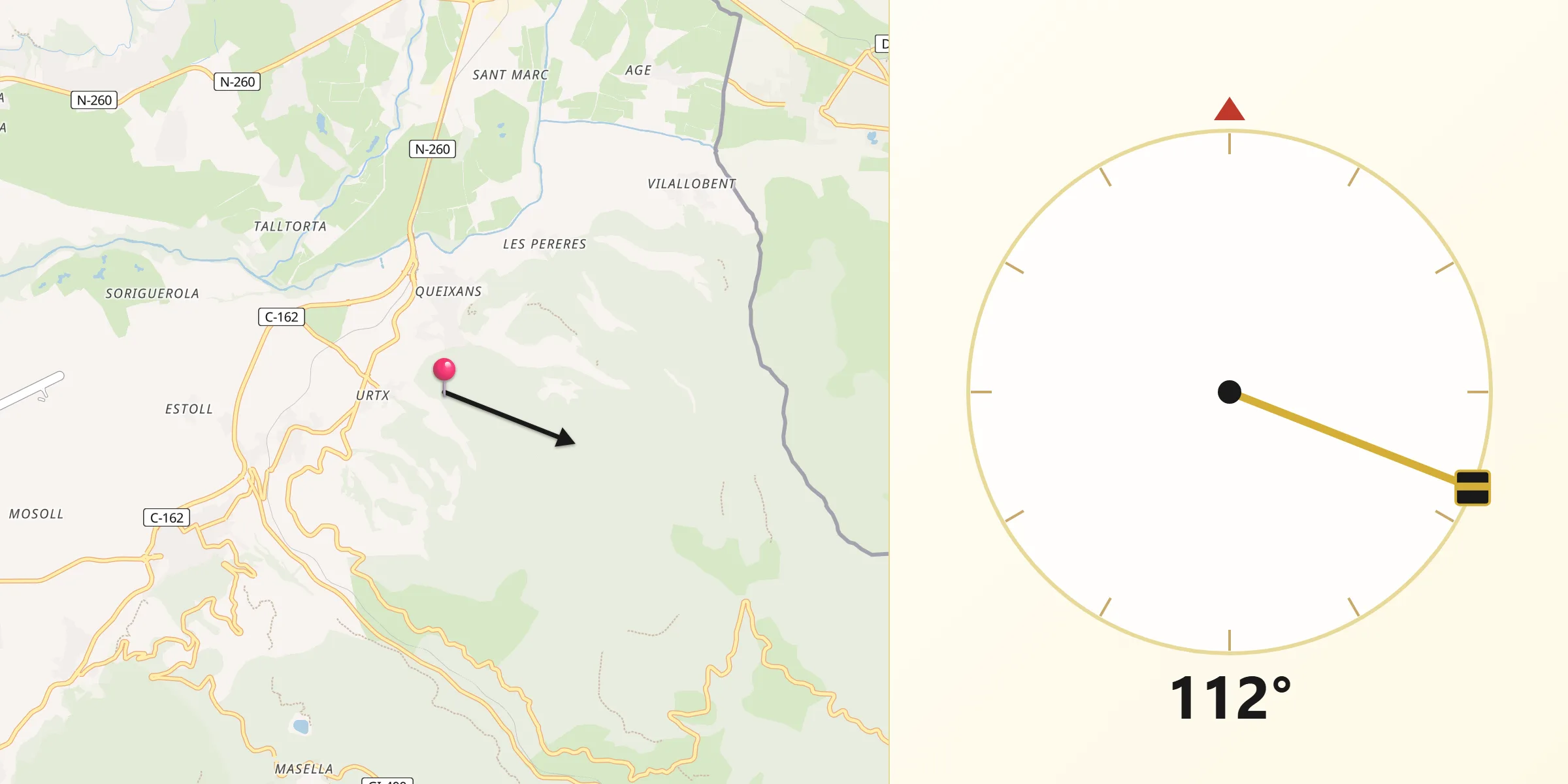 Dirección de la Qibla desde Fontanals de Cerdanya