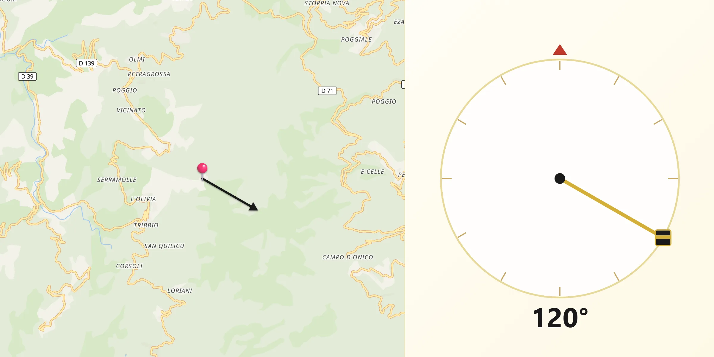 Direction vers la Qibla depuis Nocario