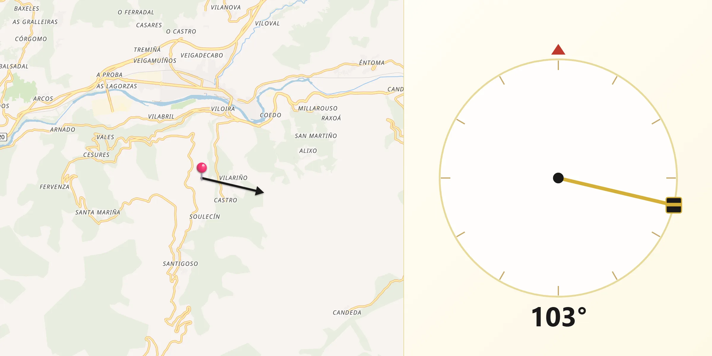 Dirección de la Qibla desde Barco de Valdeorras O