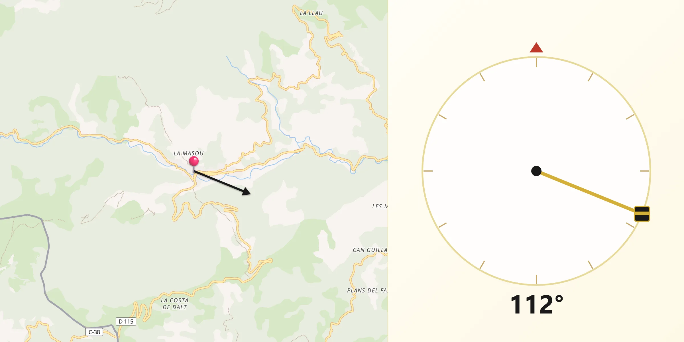 Direction vers la Qibla depuis Prats de Molló