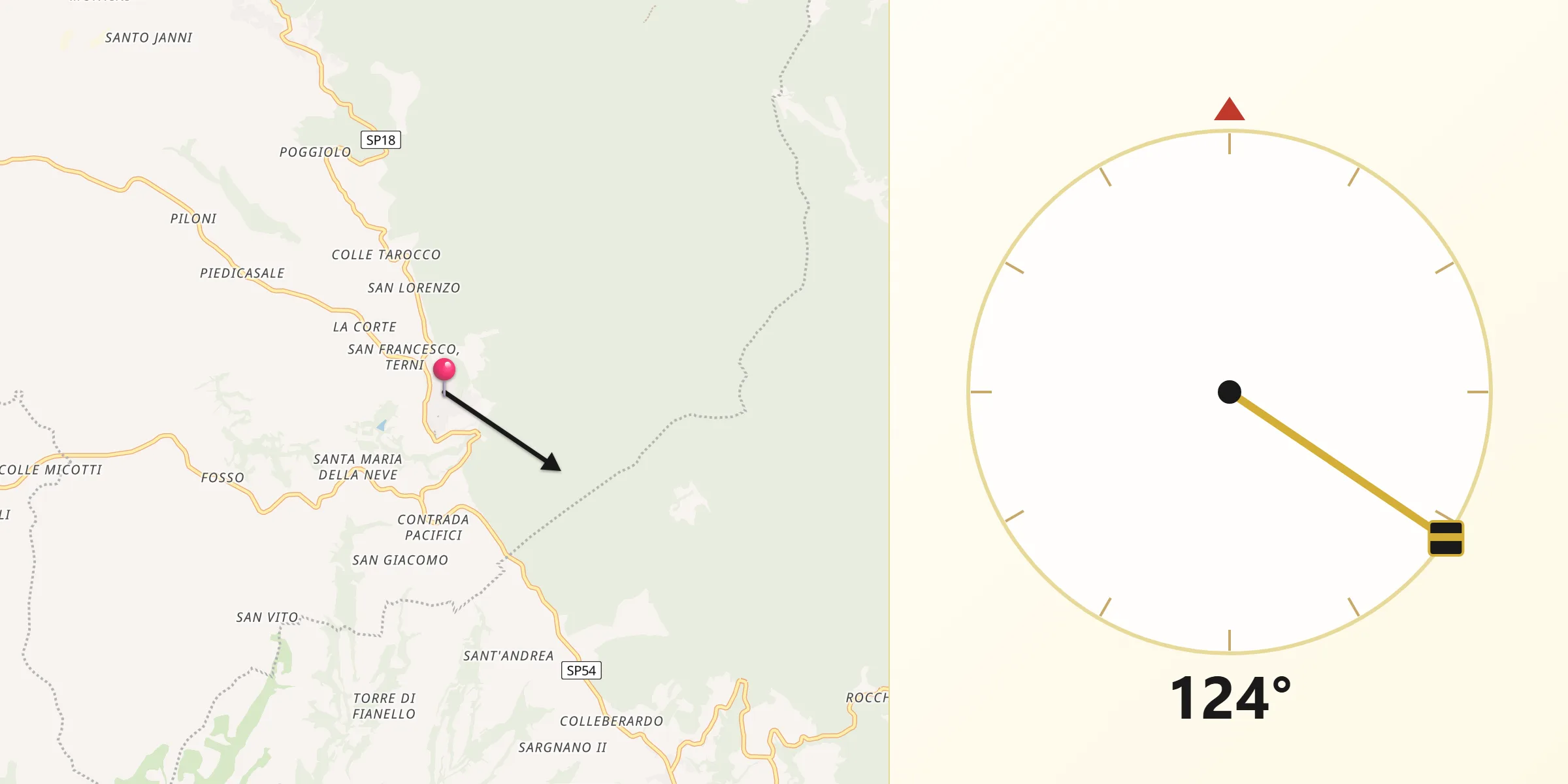 Direzione della Qibla da Calvi dell'Umbria
