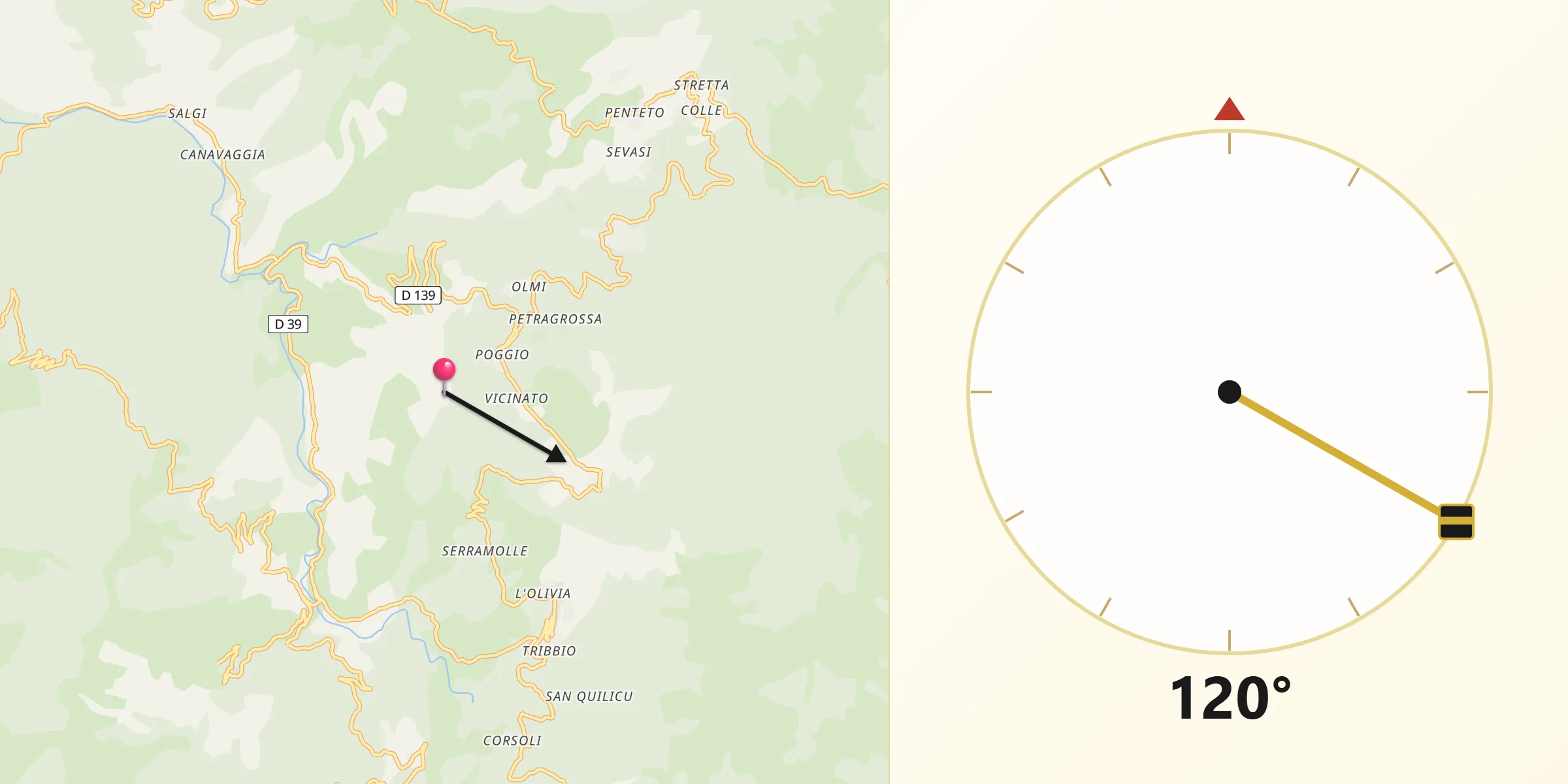 Direction vers la Qibla depuis Croce