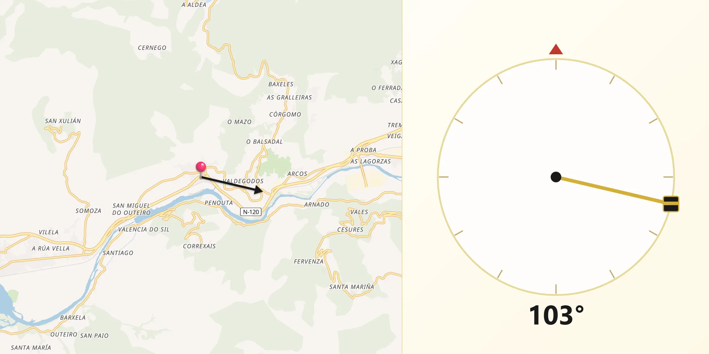 Dirección de la Qibla desde Vilamartín de Valdeorras