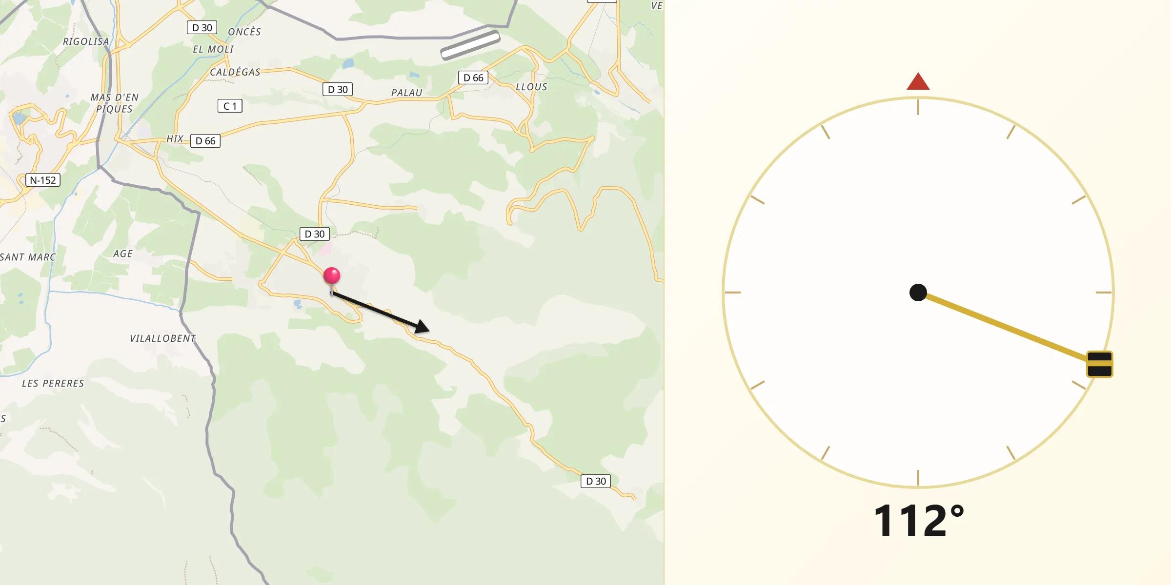 Direction vers la Qibla depuis Osséja