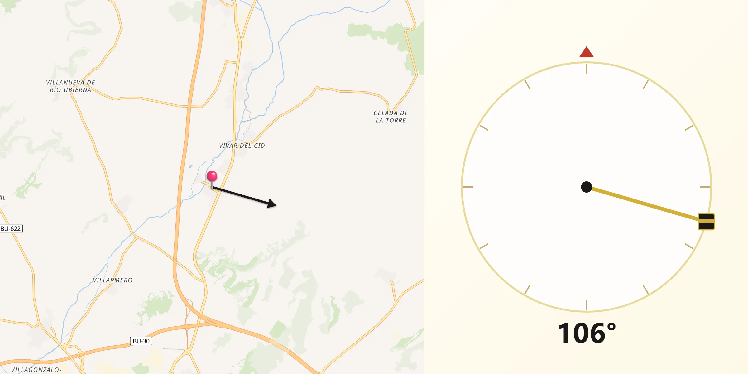 Dirección de la Qibla desde Quintanilla Vivar