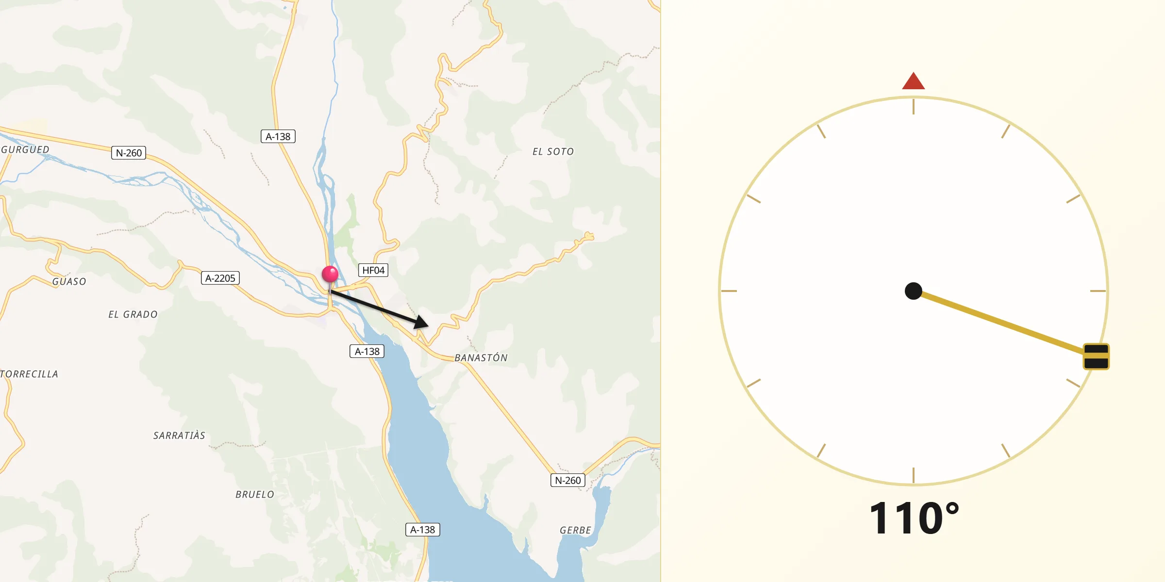 Dirección de la Qibla desde Aínsa-Sobrarbe