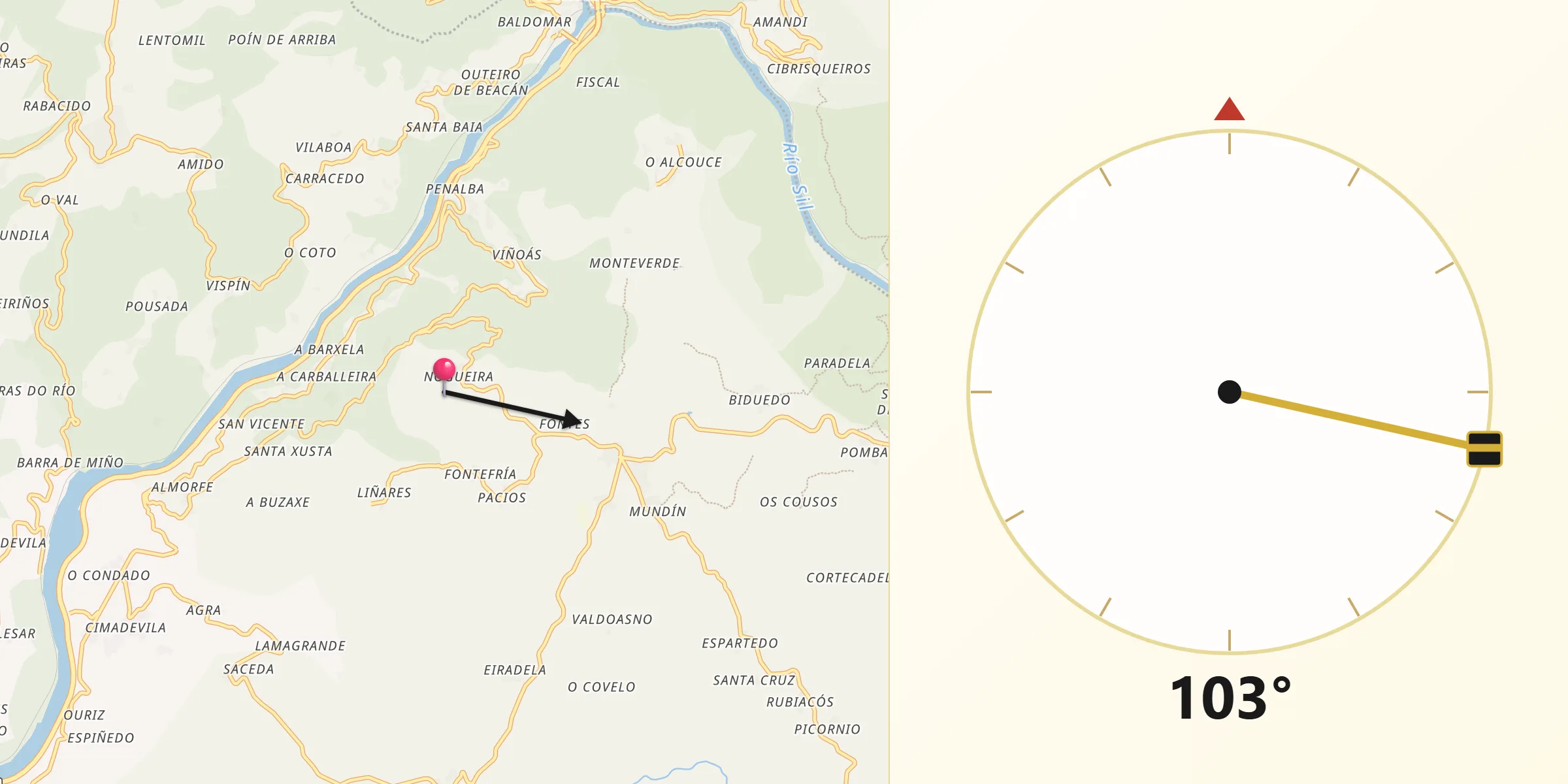 Dirección de la Qibla desde Nogueira de Ramuín