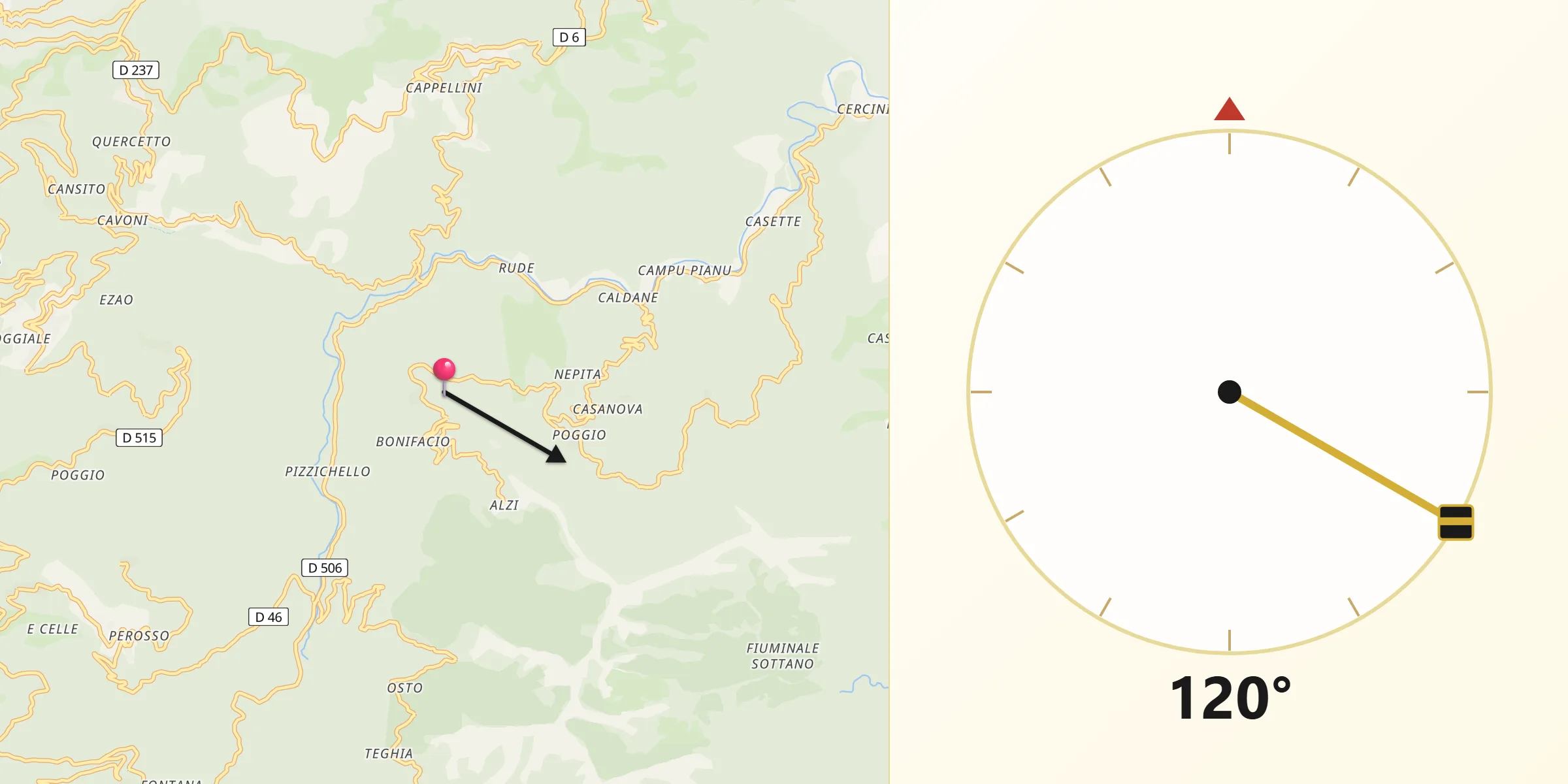 Direction vers la Qibla depuis San-Gavino-d'Ampugnani