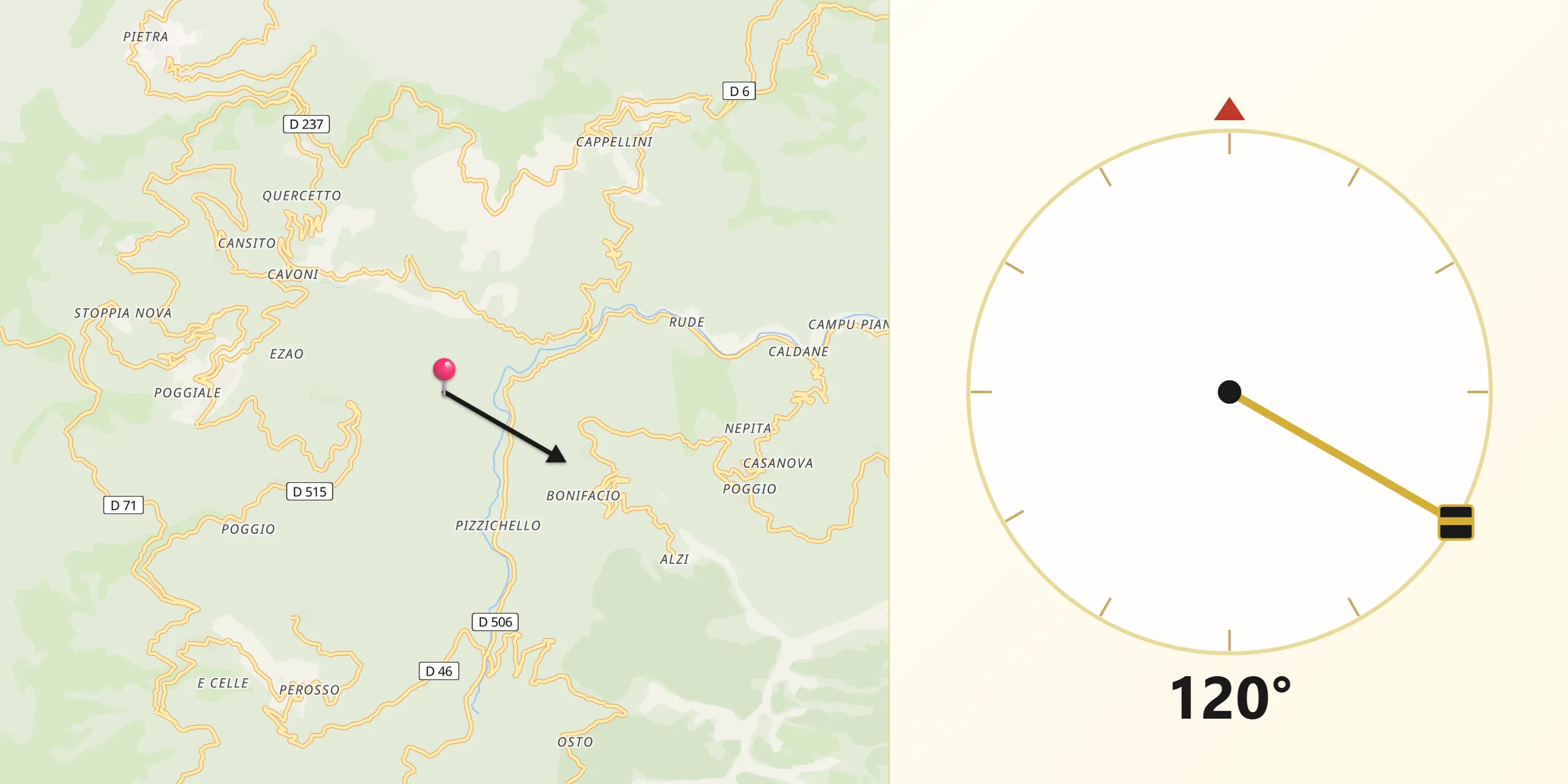 Direction vers la Qibla depuis Scata