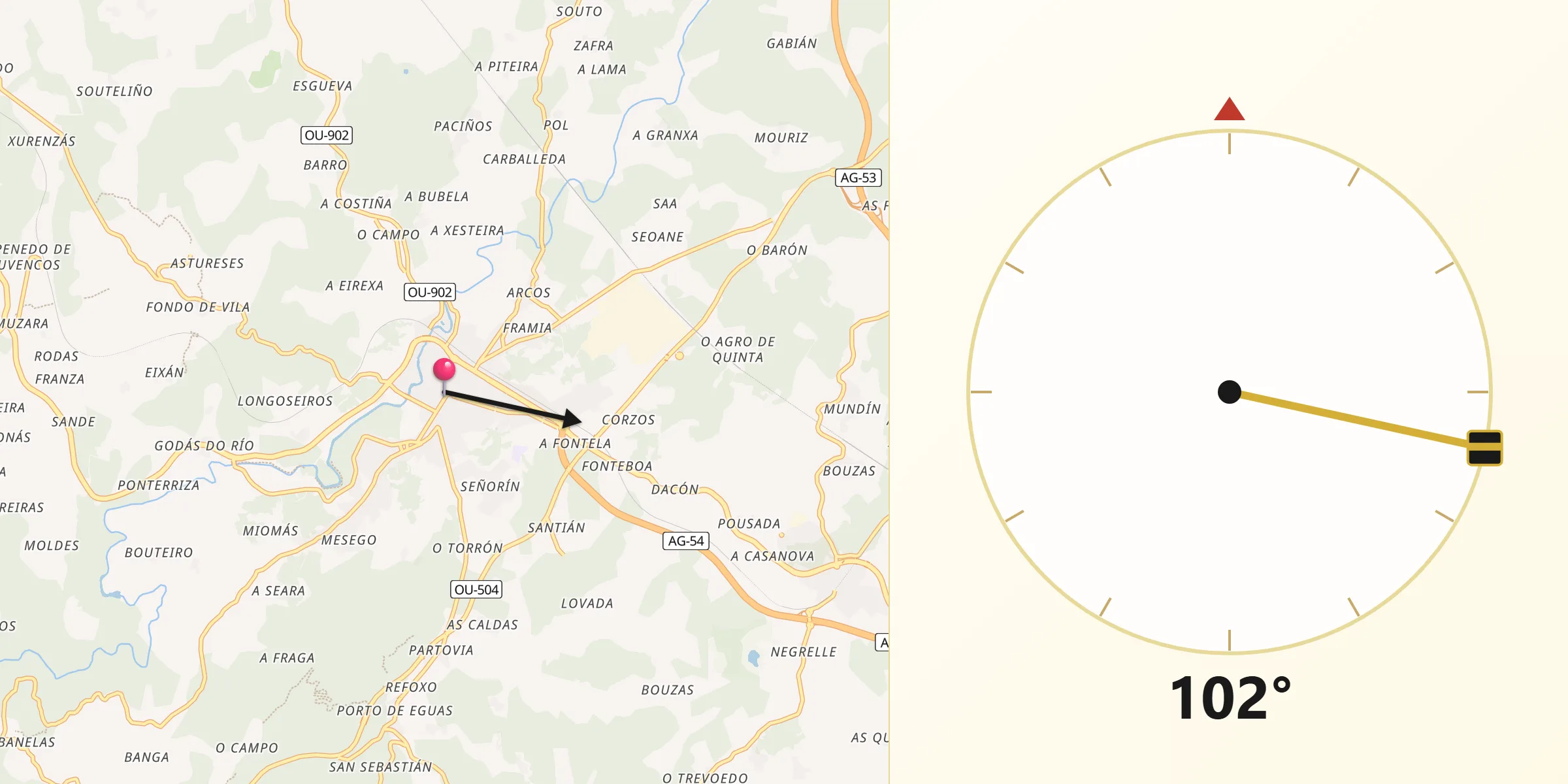 Dirección de la Qibla desde O Carballiño