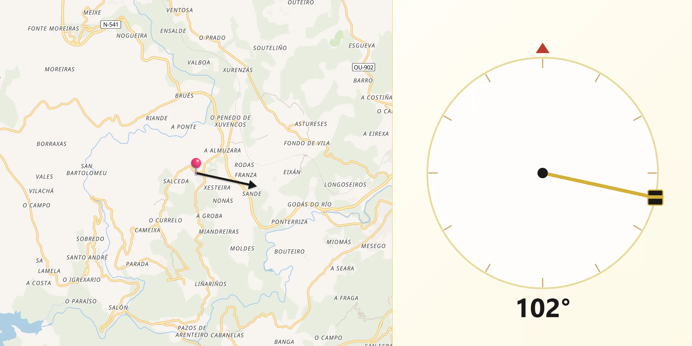 Dirección de la Qibla desde Boborás