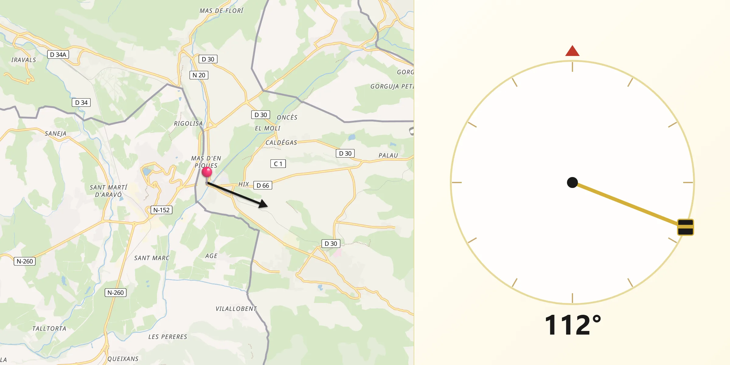 Direction vers la Qibla depuis la Guingueta d'Ix