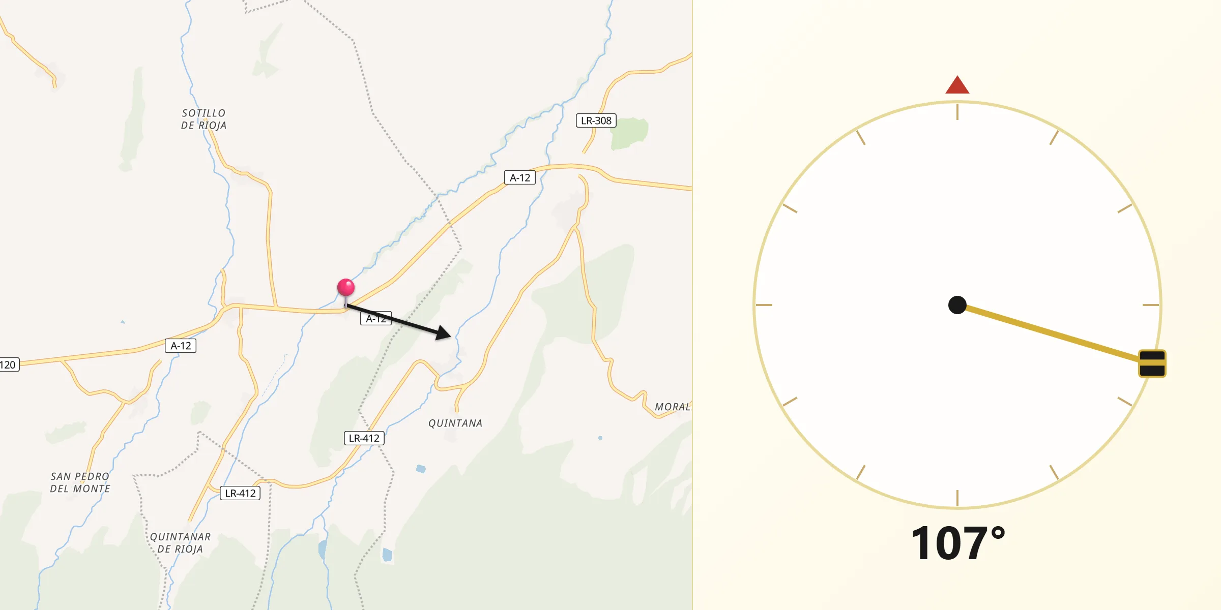 Dirección de la Qibla desde Redecilla del Camino