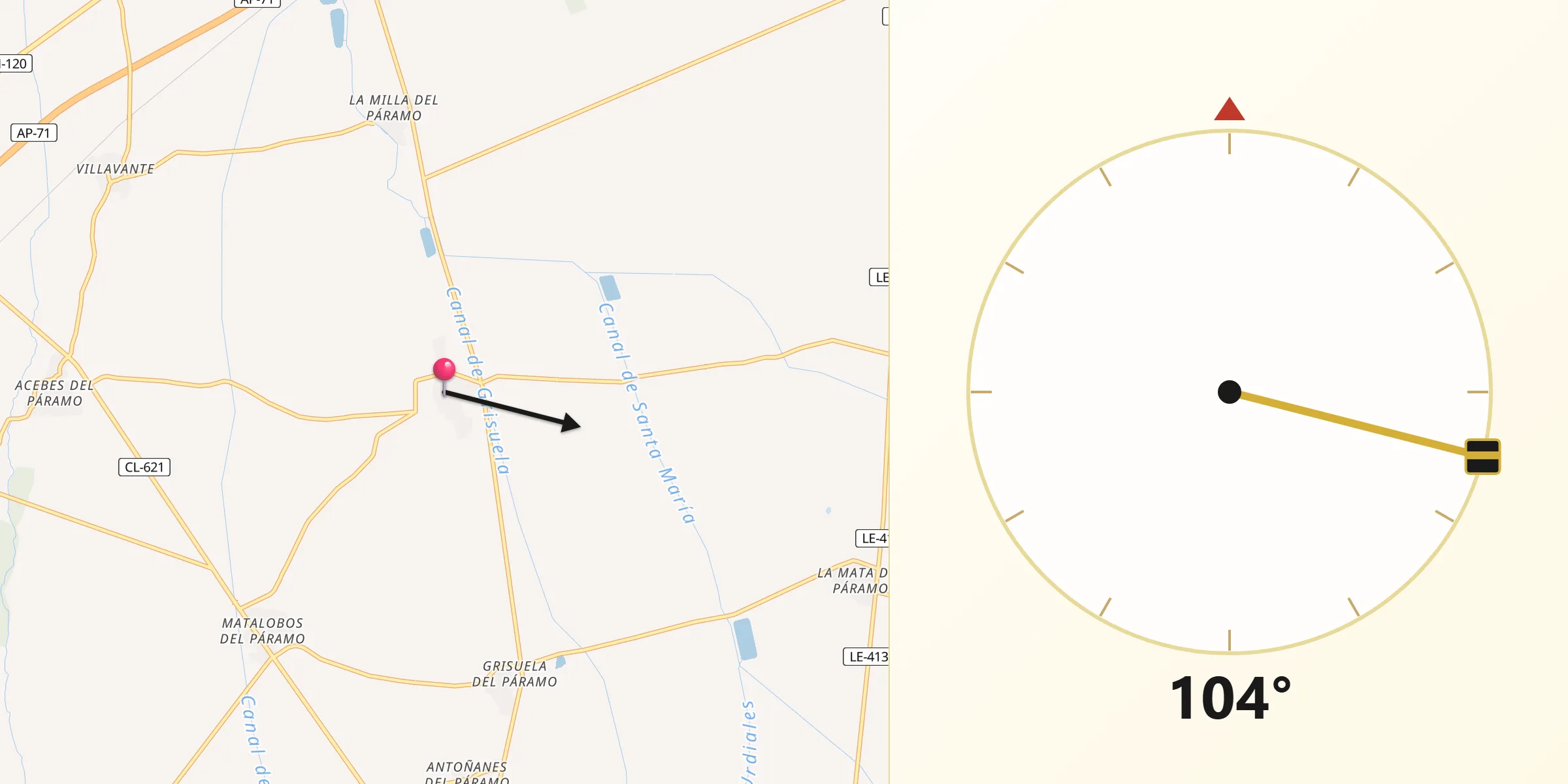 Dirección de la Qibla desde Bustillo del Páramo
