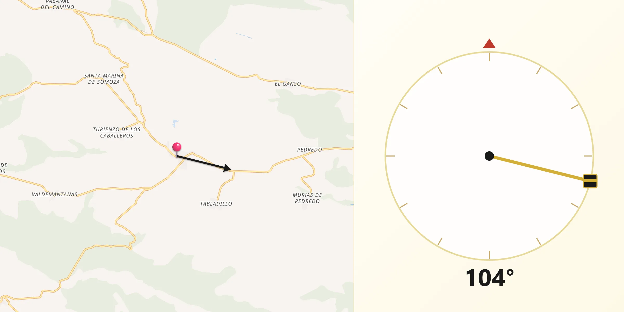 Dirección de la Qibla desde Santa Colomba de Somoza
