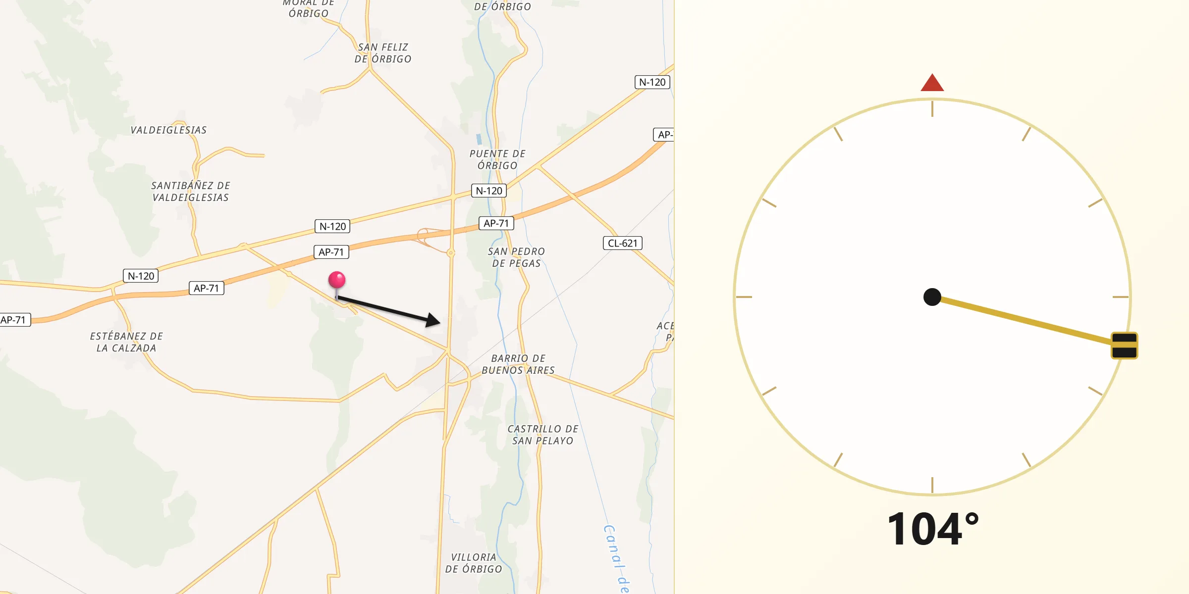 Dirección de la Qibla desde Villarejo de Órbigo