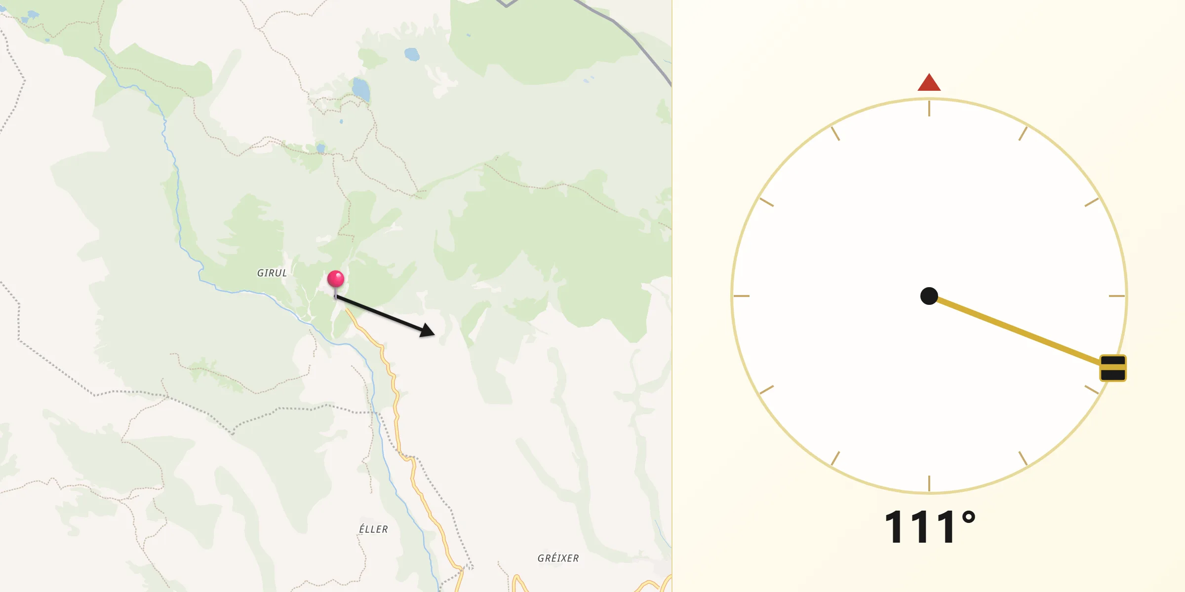 Dirección de la Qibla desde Meranges