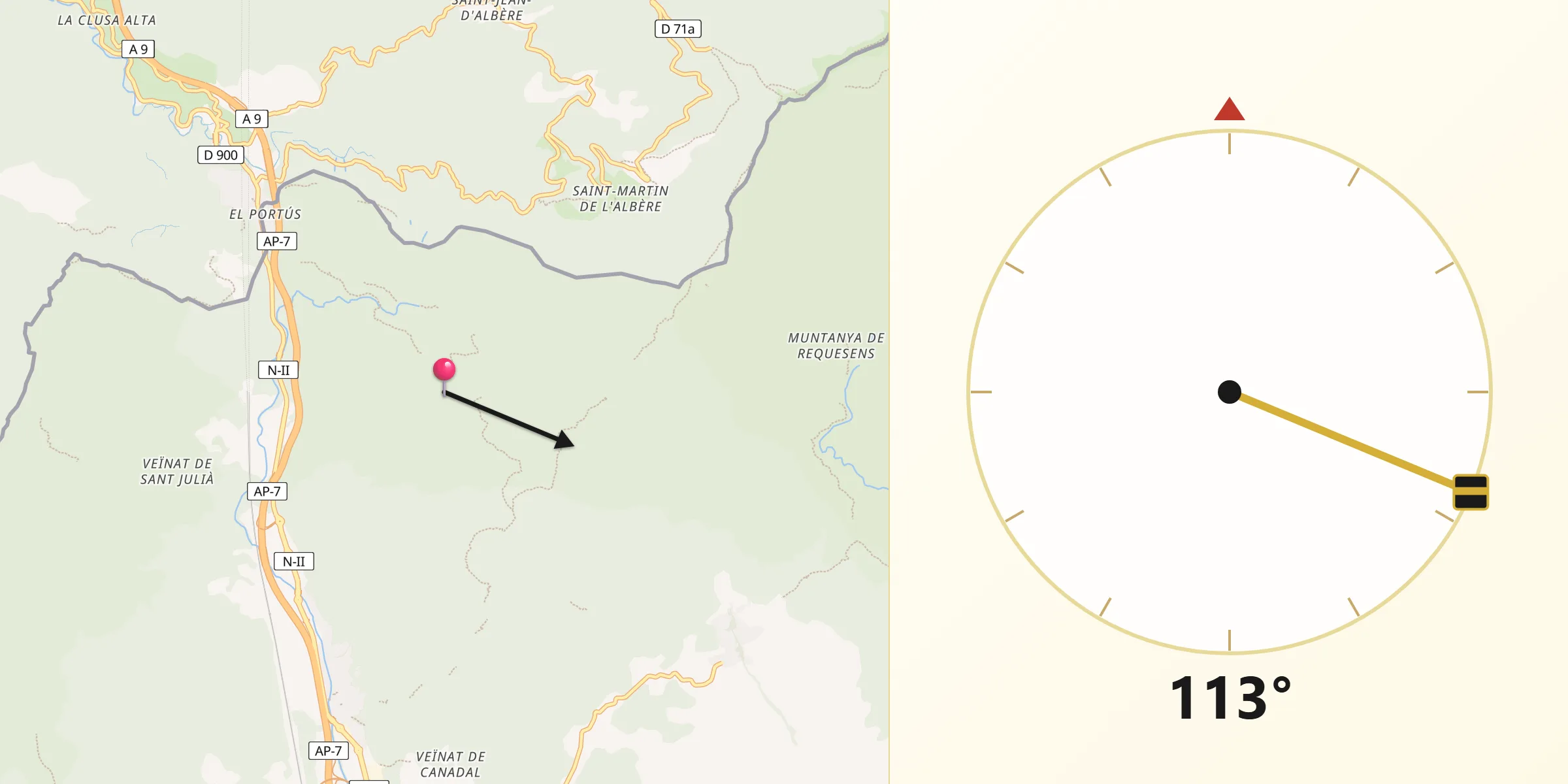 Dirección de la Qibla desde La Jonquera
