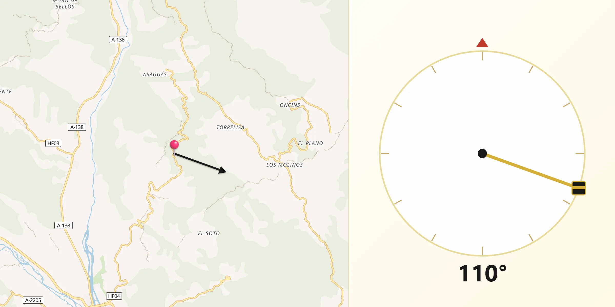 Dirección de la Qibla desde El Pueyo de Araguás