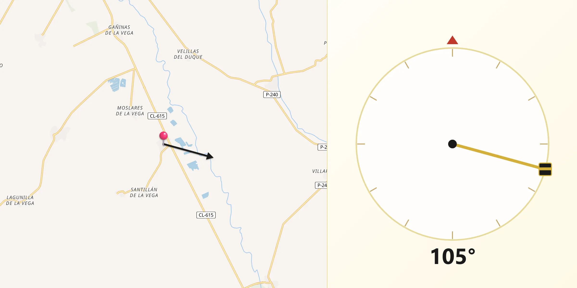 Dirección de la Qibla desde Renedo de la Vega