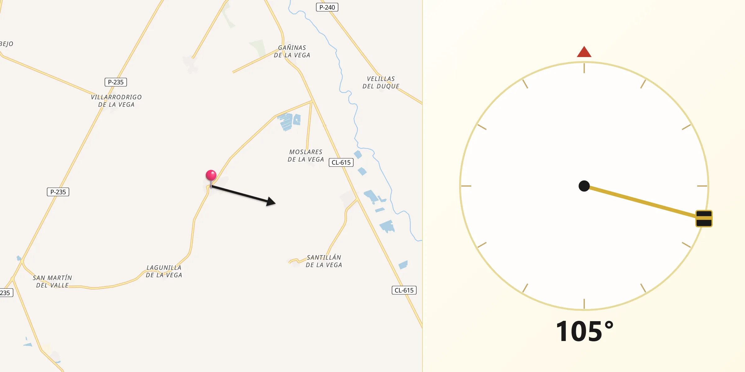 Dirección de la Qibla desde Bustillo de la Vega