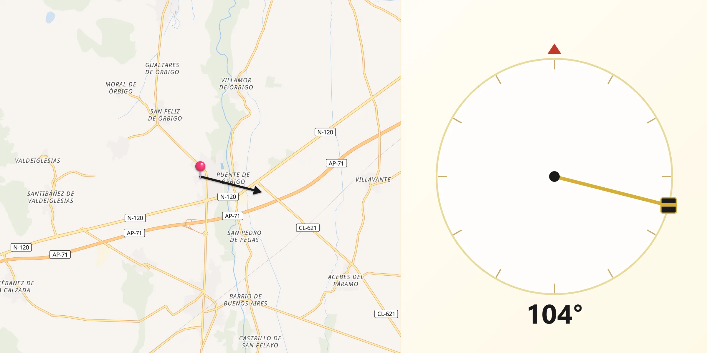 Dirección de la Qibla desde Hospital de Órbigo