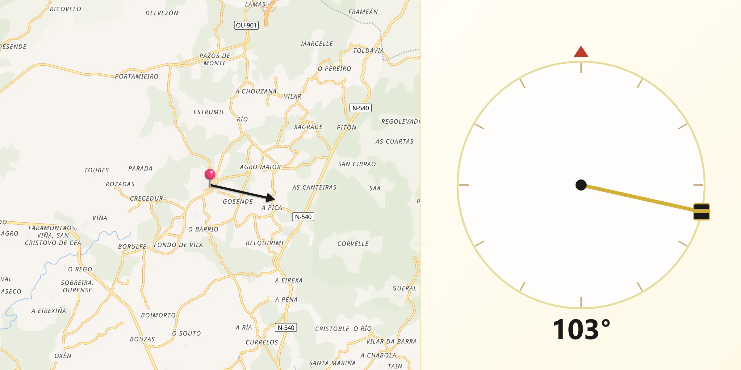 Dirección de la Qibla desde Vilamarín