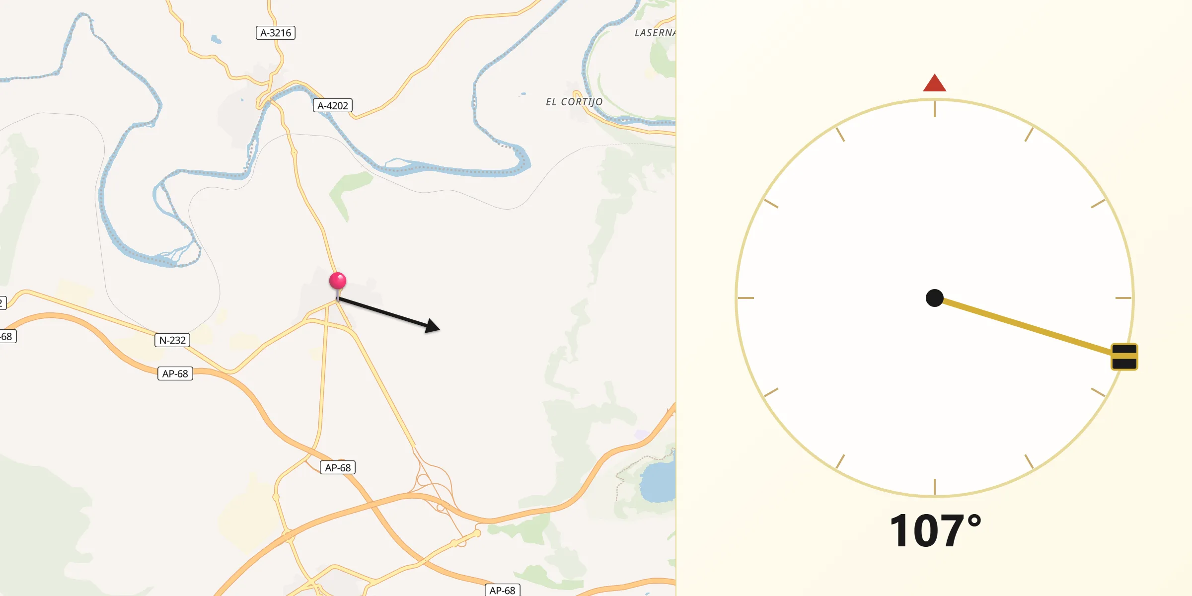 Dirección de la Qibla desde Fuenmayor