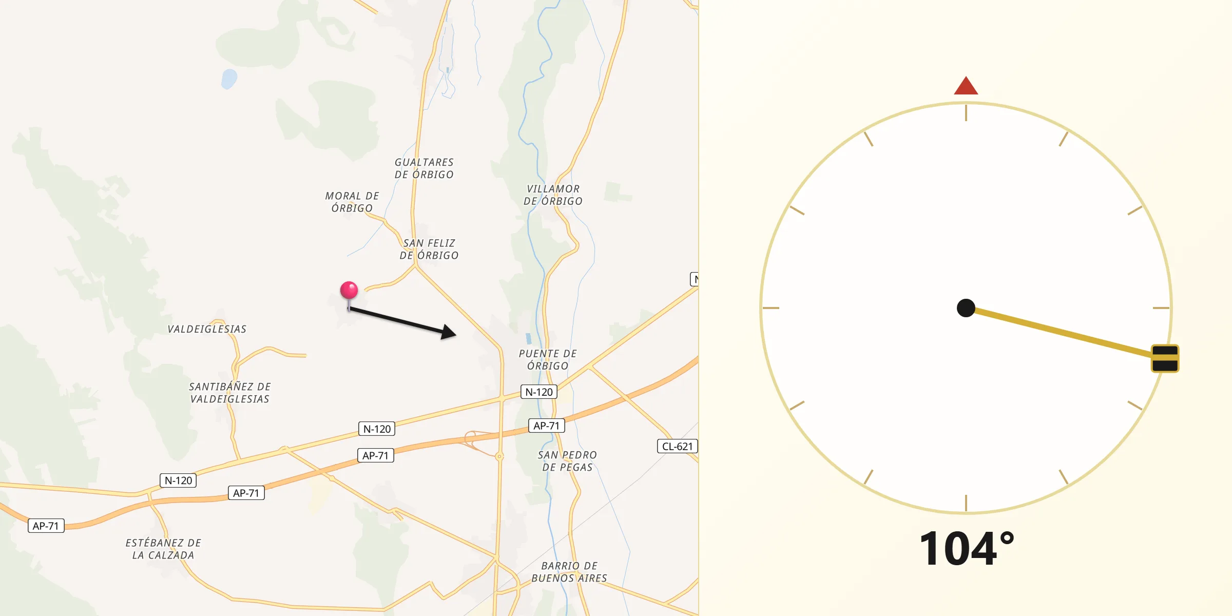 Dirección de la Qibla desde Villares de Órbigo