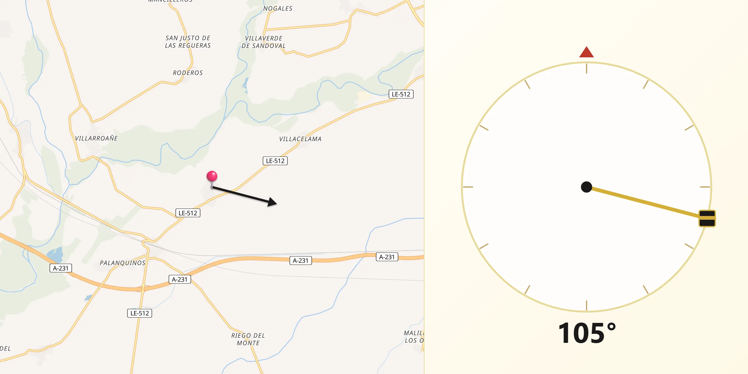 Dirección de la Qibla desde Villanueva de las Manzanas