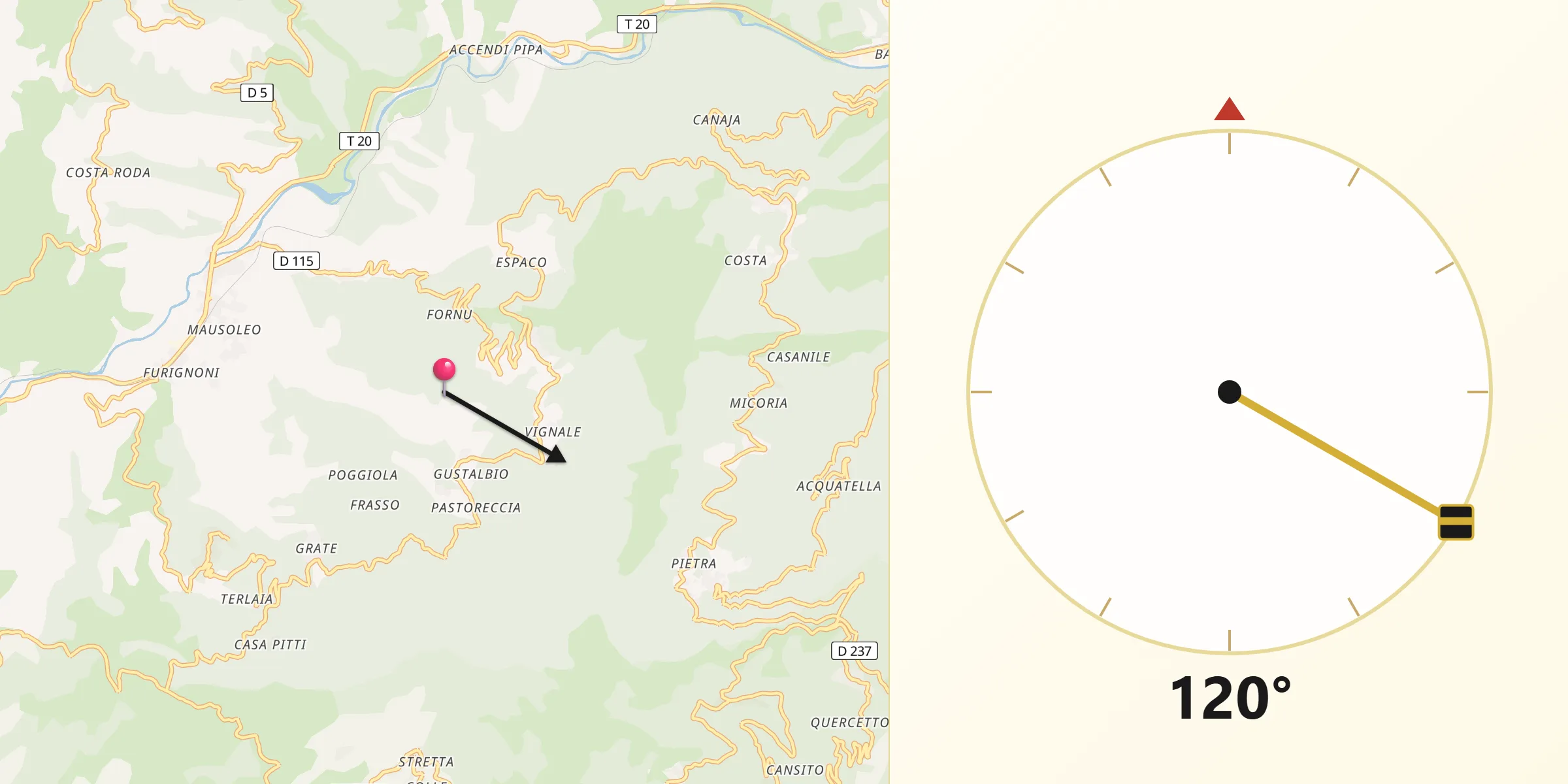 Direction vers la Qibla depuis Crocicchia