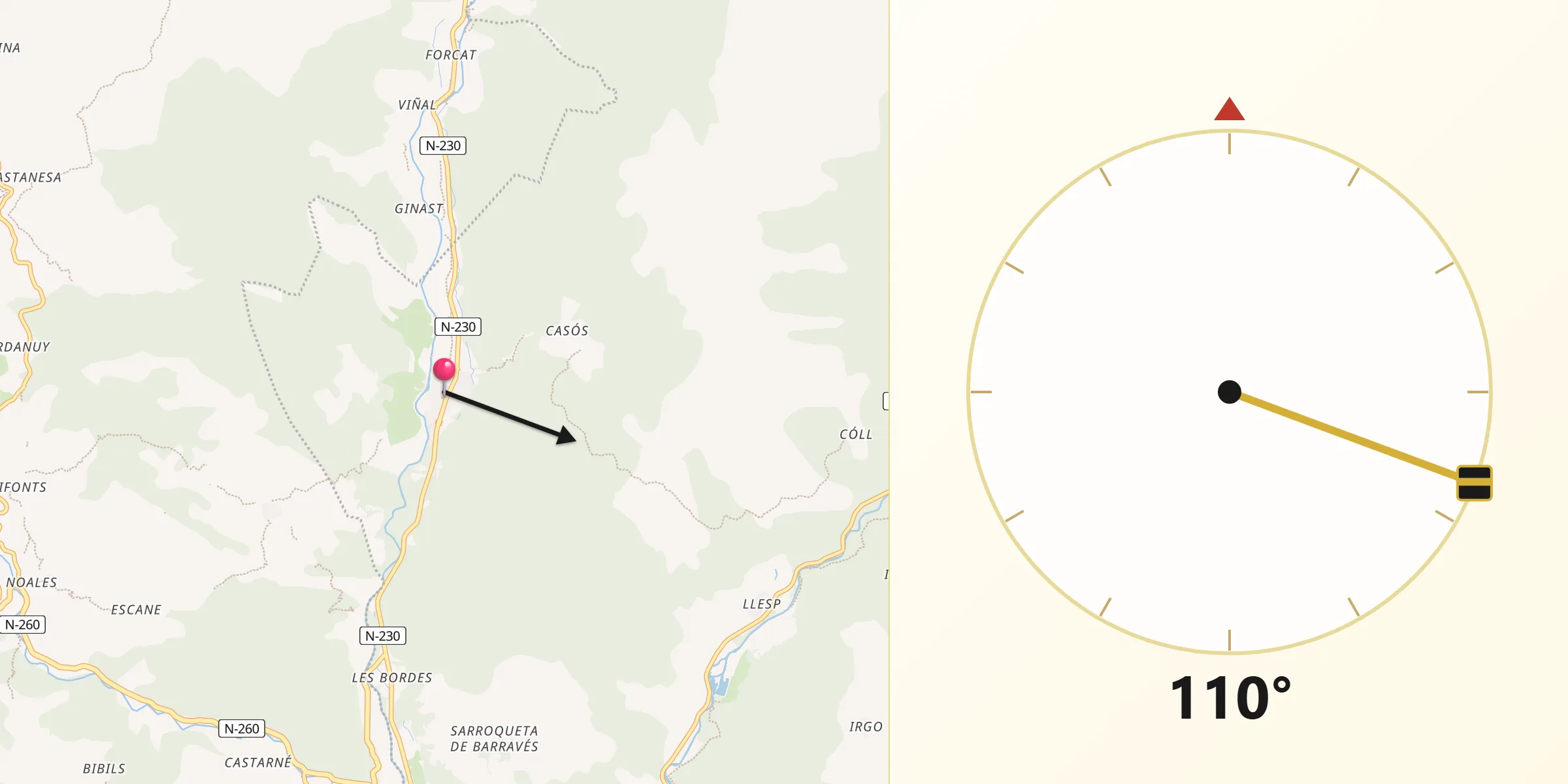 Dirección de la Qibla desde Vilaller