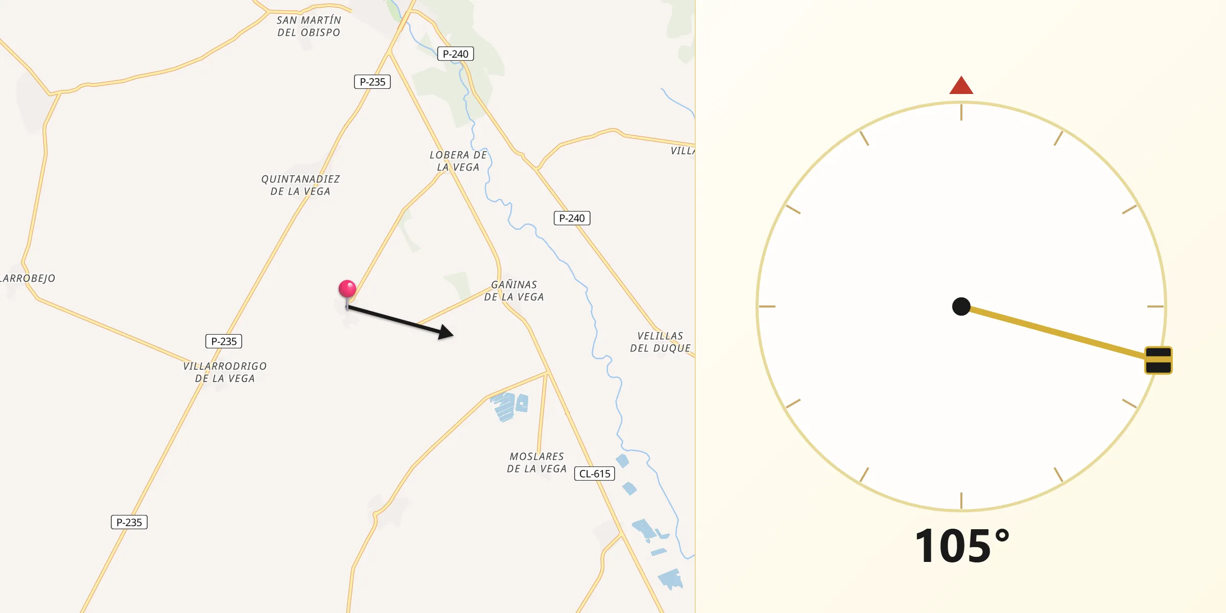 Dirección de la Qibla desde Pedrosa de la Vega