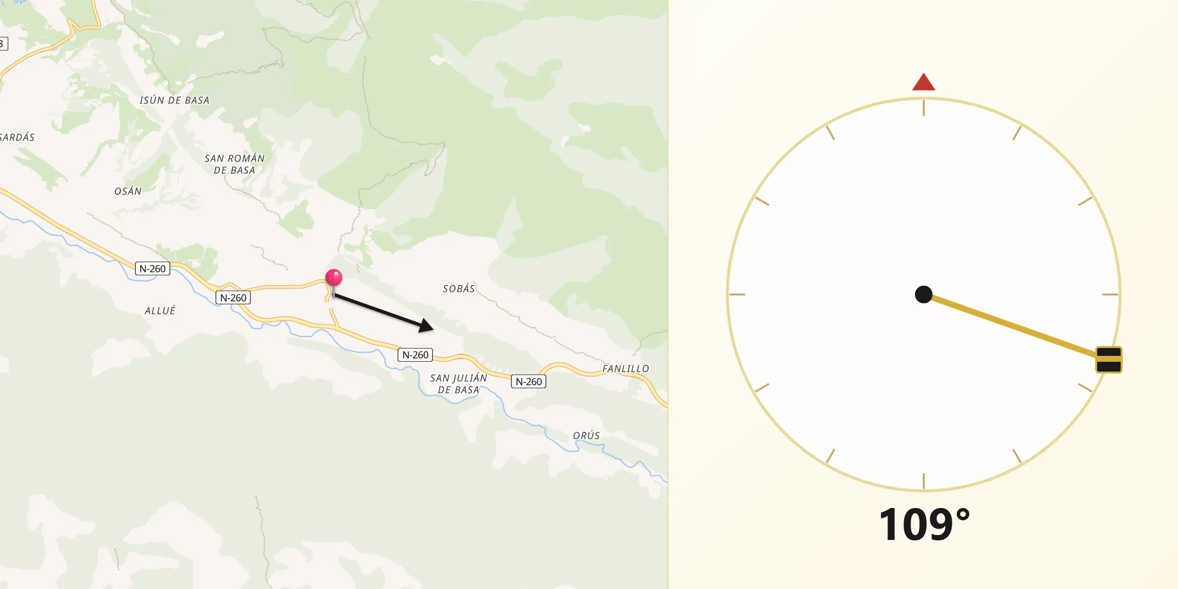 Dirección de la Qibla desde Yebra de Basa