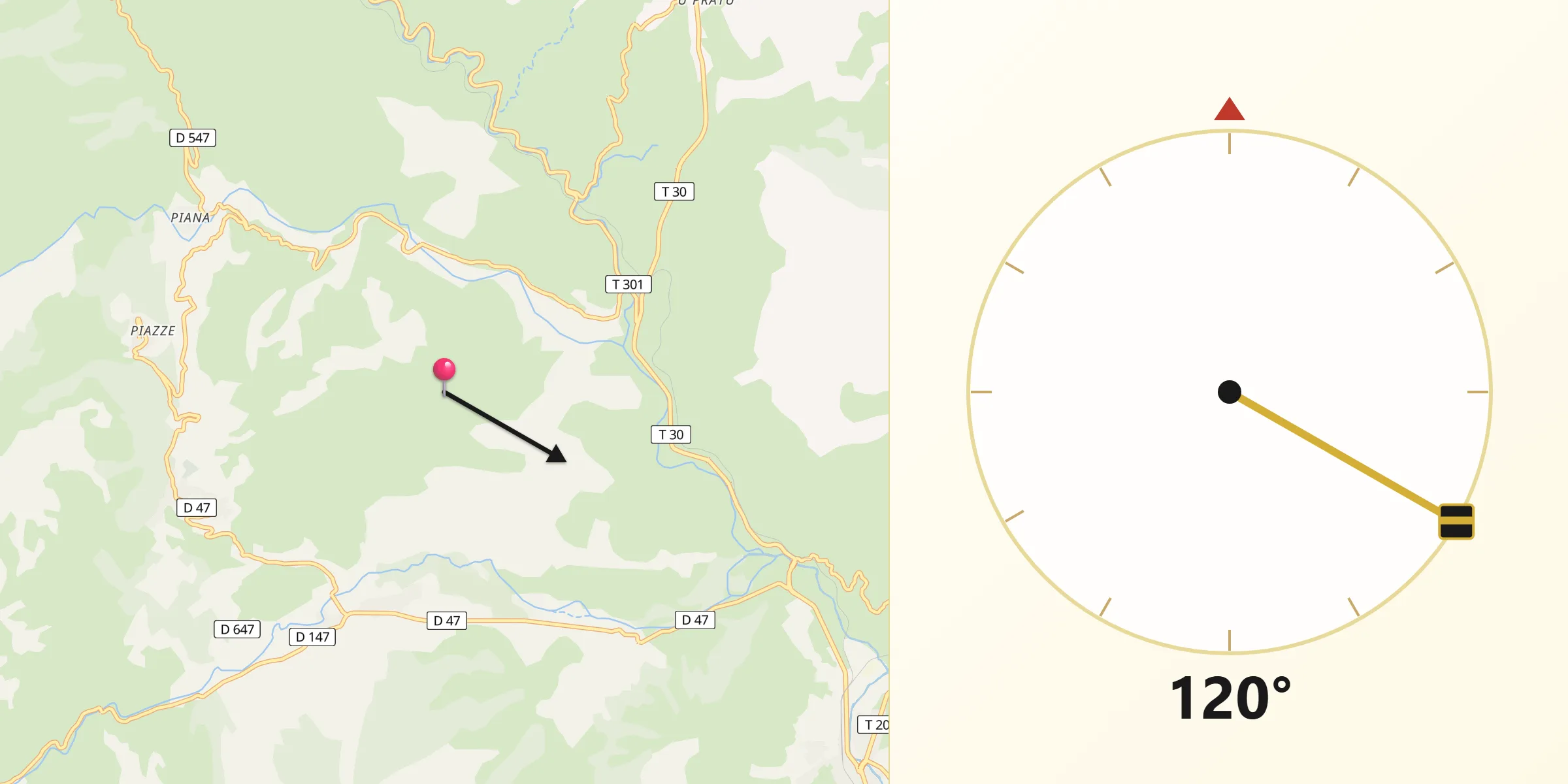 Direction vers la Qibla depuis Canavaggia