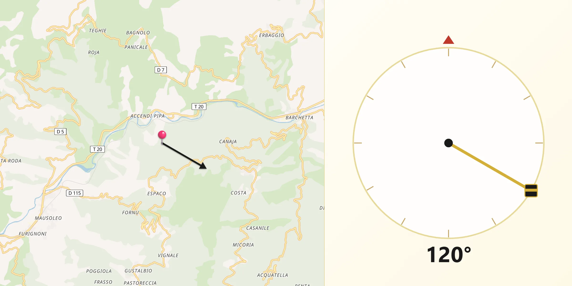 Direction vers la Qibla depuis Venzolasca