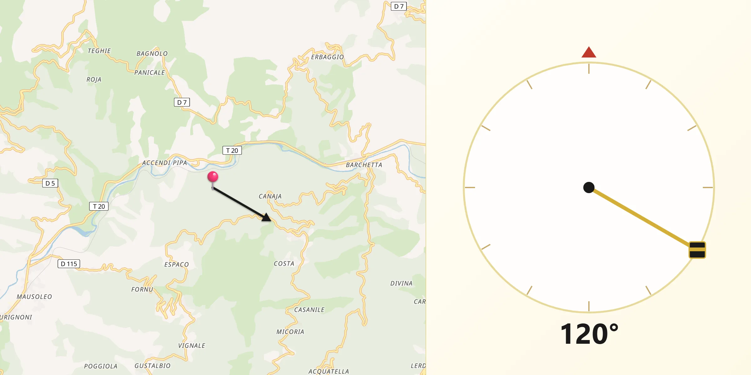 Direction vers la Qibla depuis Olmo
