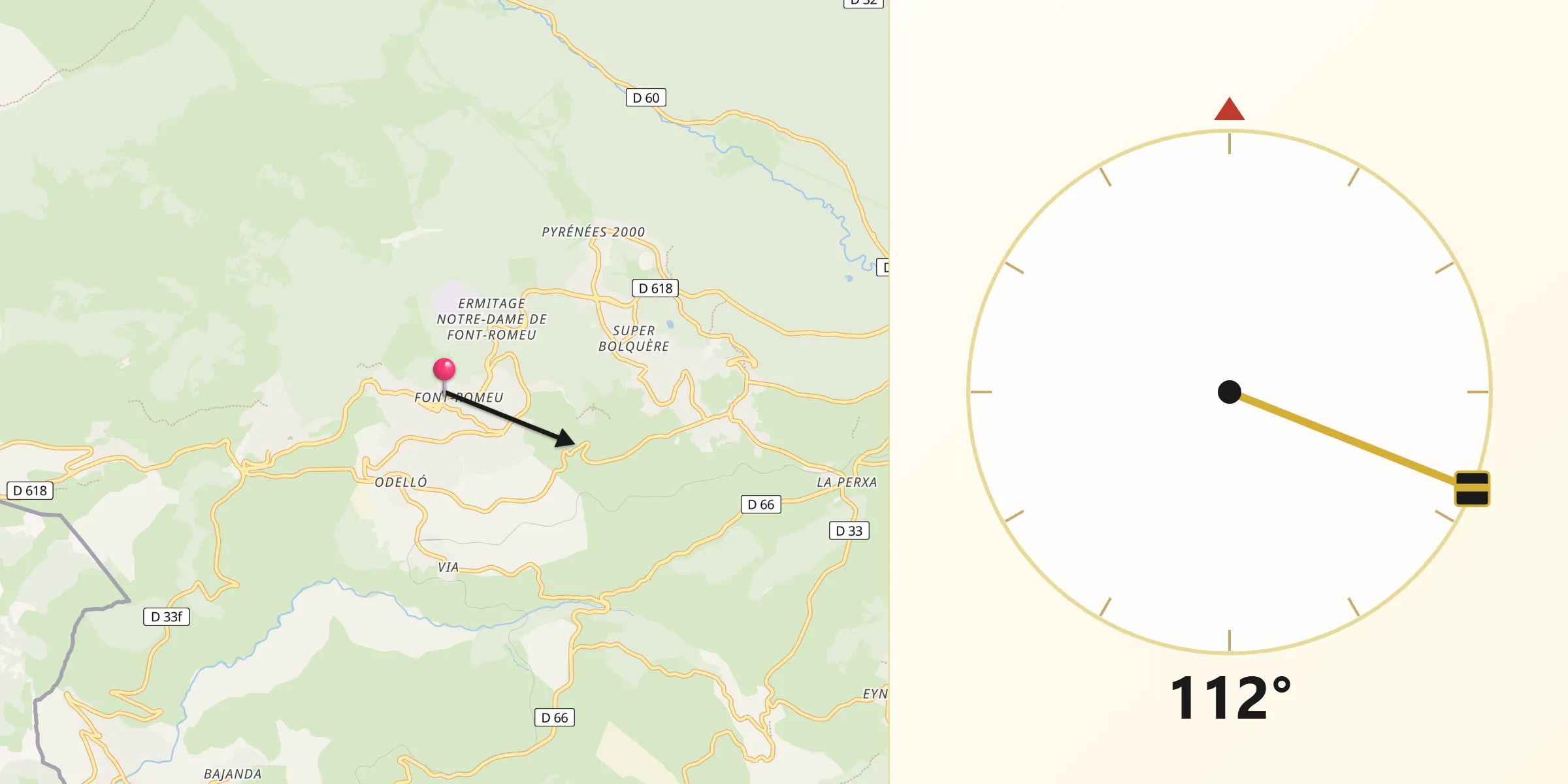 Direction vers la Qibla depuis Font-Romeu-Odeillo-Via
