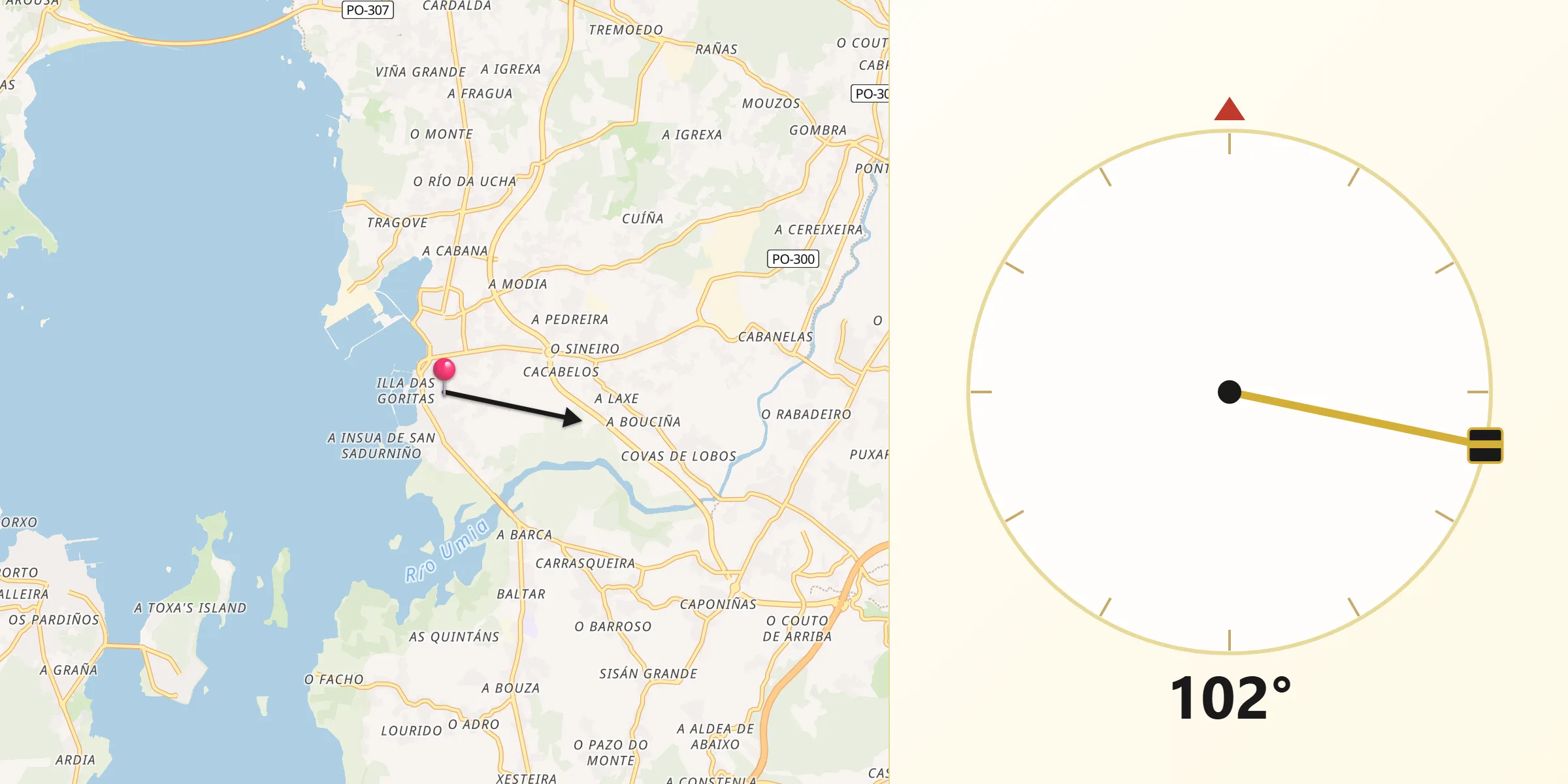 Dirección de la Qibla desde Cambados